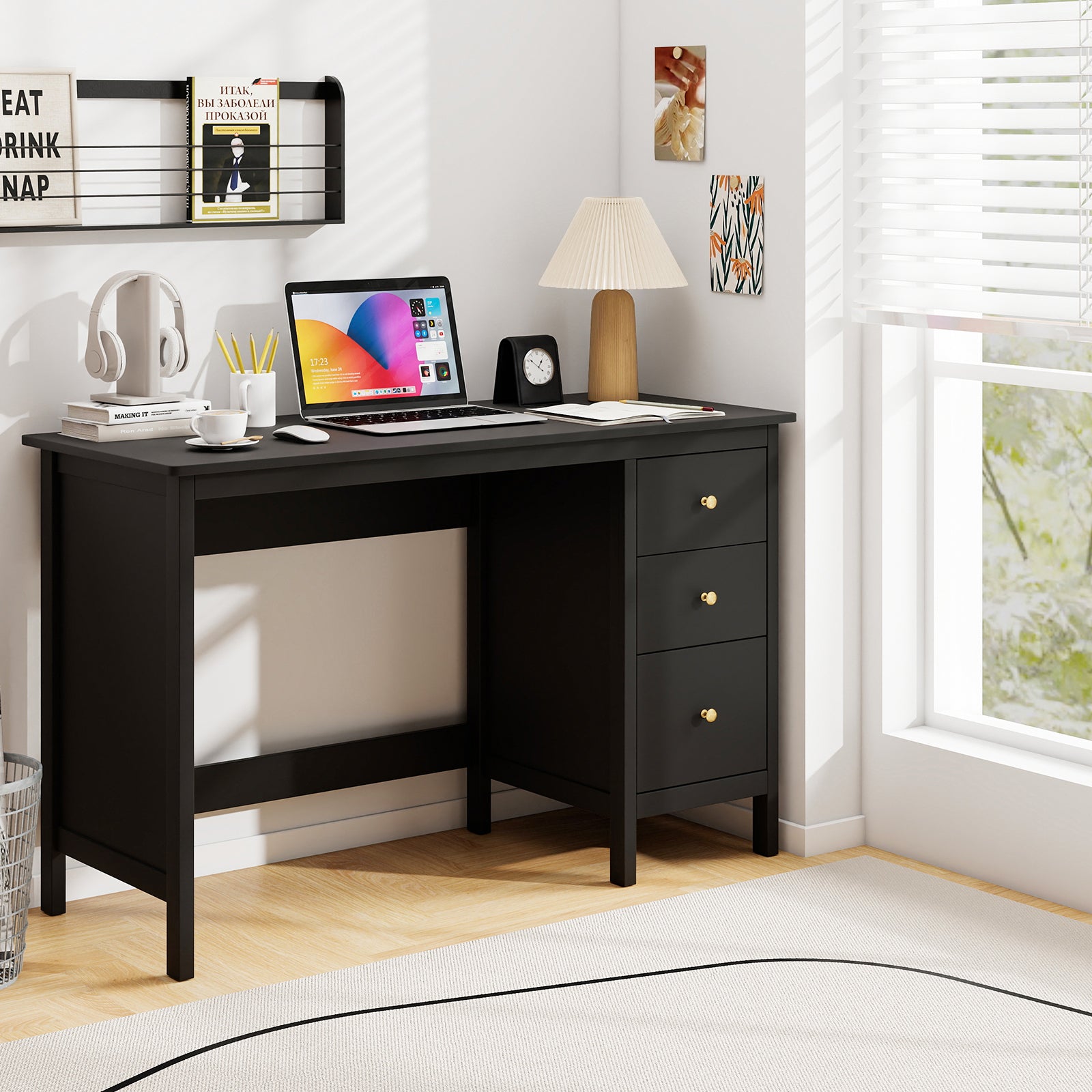 3-Drawer Home Office Study Computer Desk with Spacious Desktop, Black Writing Desks at Gallery Canada