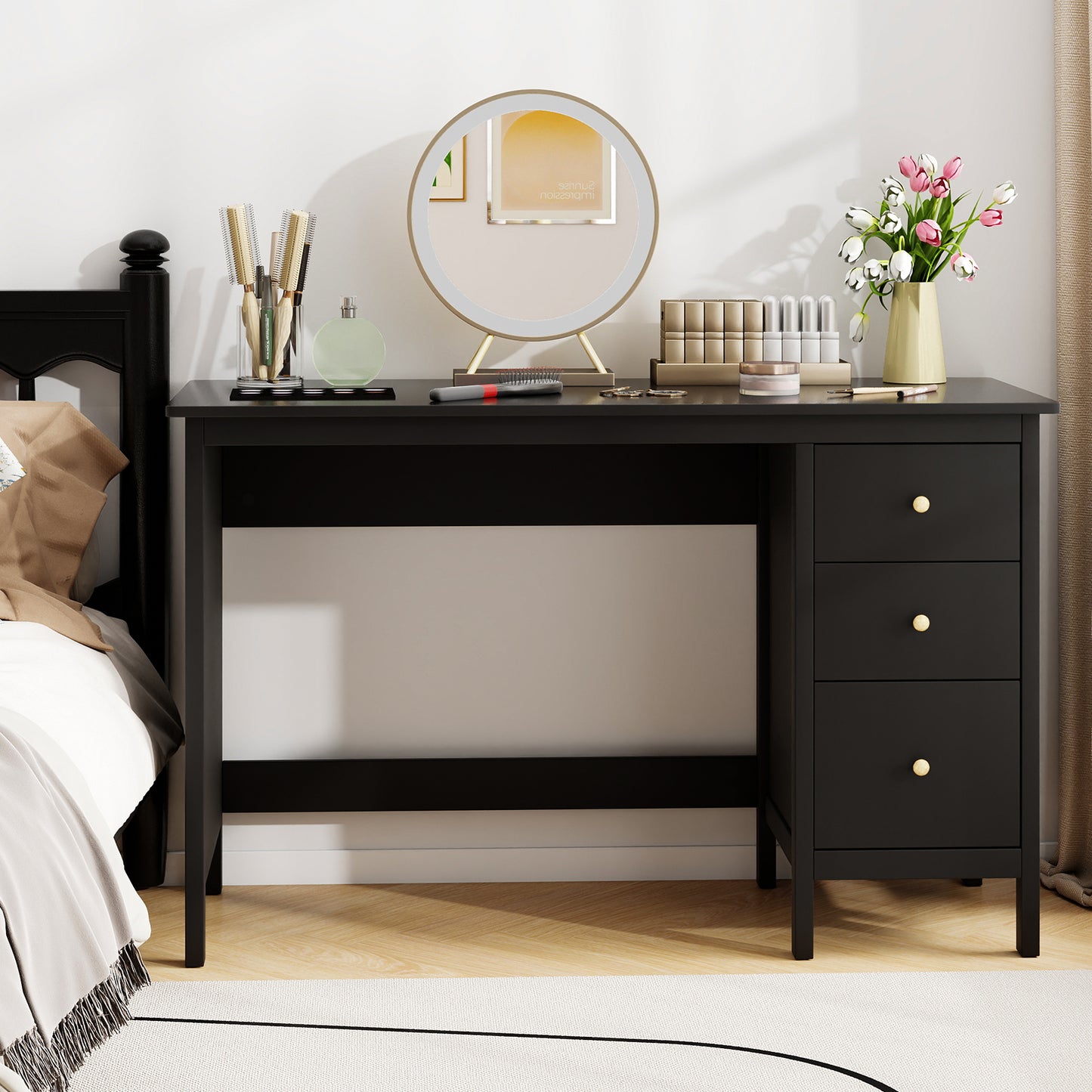 3-Drawer Home Office Study Computer Desk with Spacious Desktop, Black Writing Desks at Gallery Canada