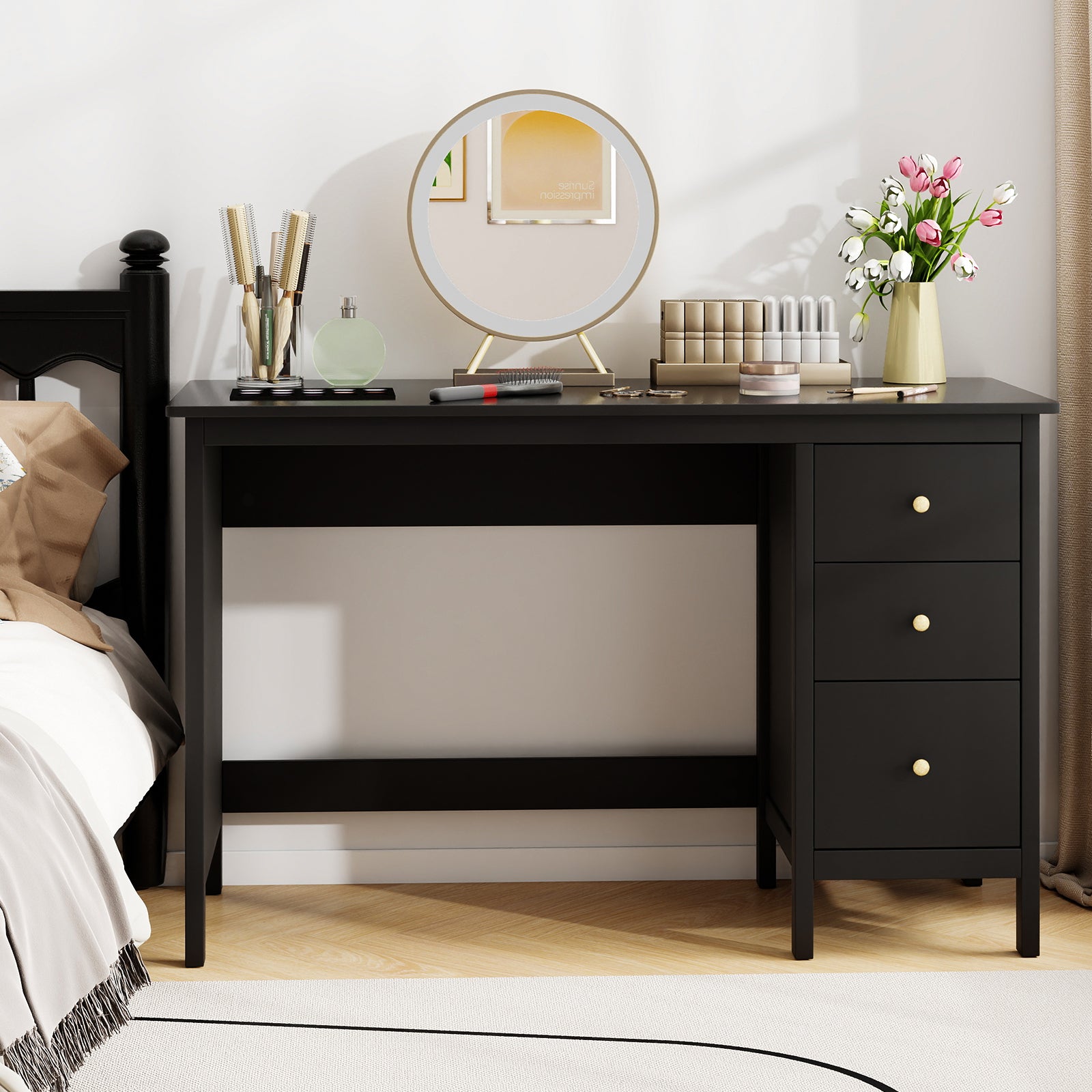 3-Drawer Home Office Study Computer Desk with Spacious Desktop, Black Writing Desks at Gallery Canada