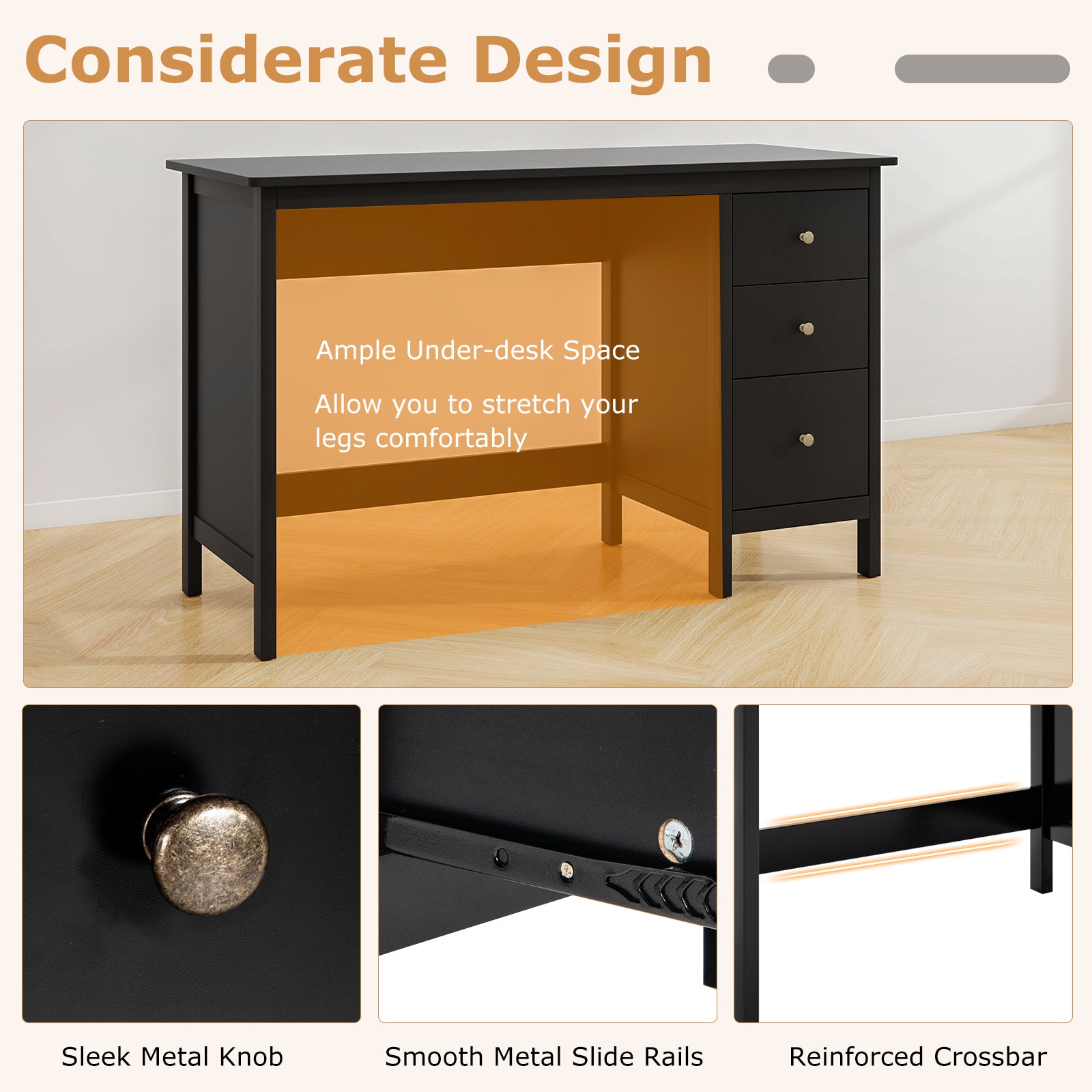 3-Drawer Home Office Study Computer Desk with Spacious Desktop, Black Writing Desks at Gallery Canada