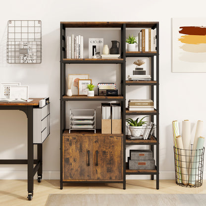 Double Wide 8-Tier Bookshelf with 2-Door Cabinet for Living Room Home Office, Rustic Brown Bookcases at Gallery Canada