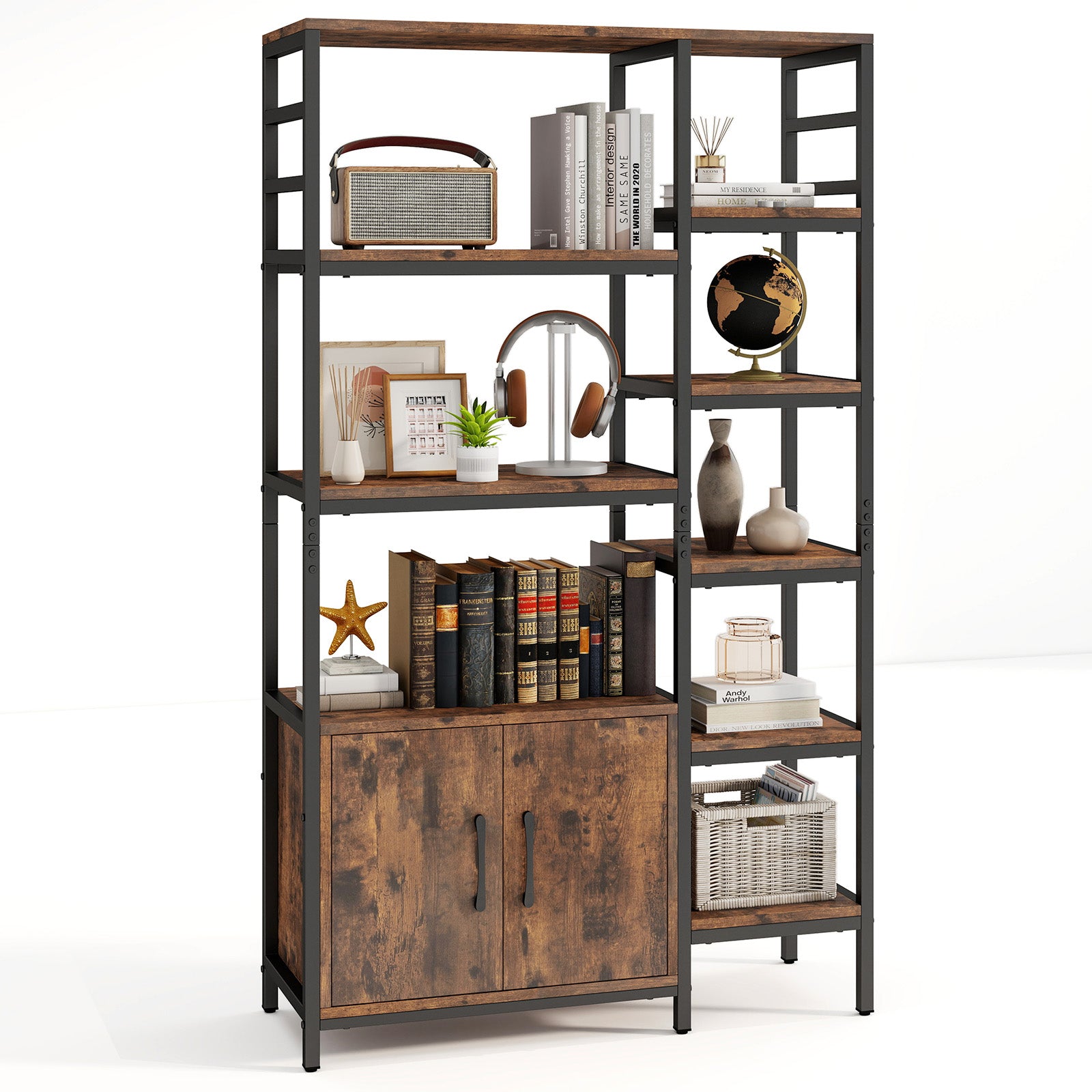 Double Wide 8-Tier Bookshelf with 2-Door Cabinet for Living Room Home Office, Rustic Brown Bookcases at Gallery Canada