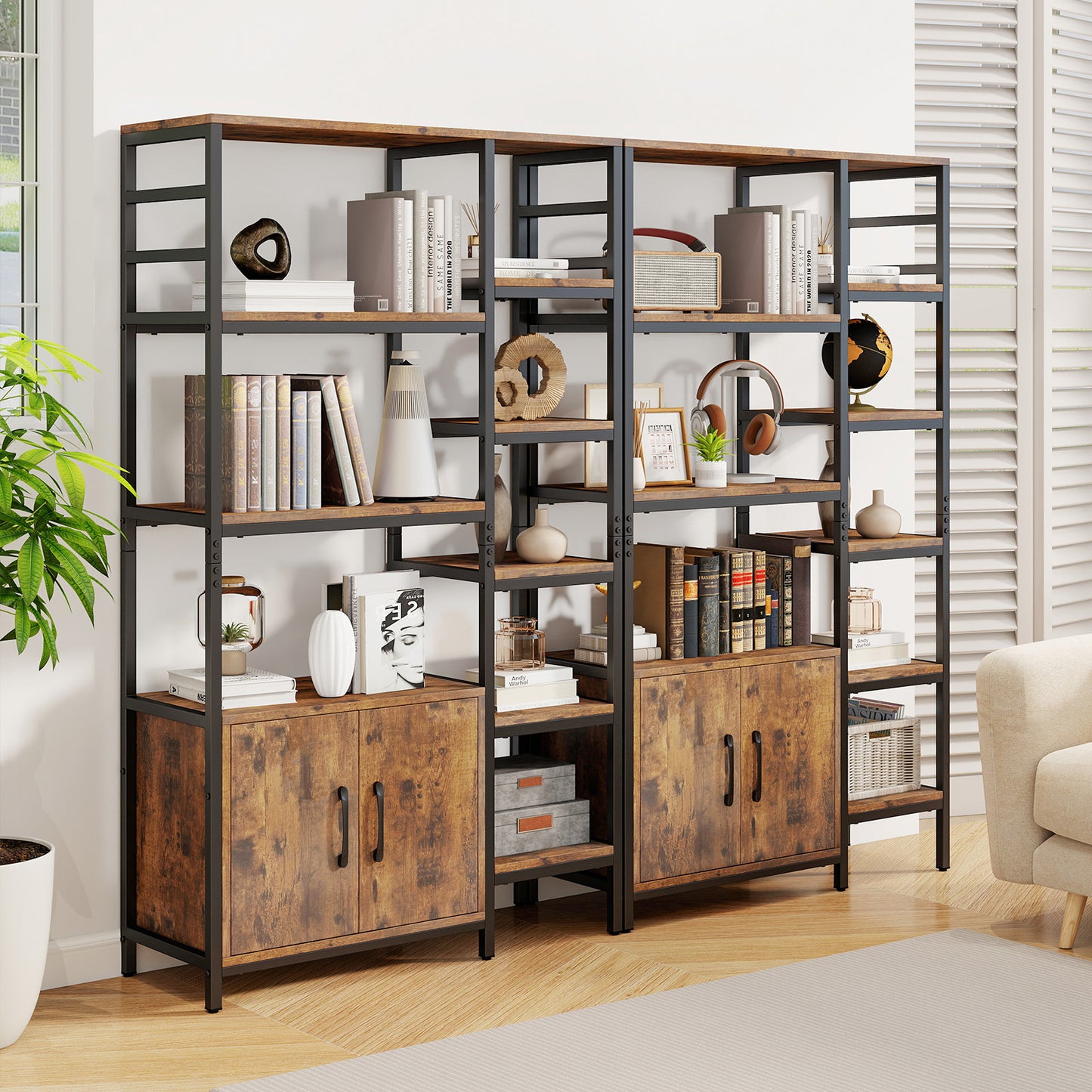 Double Wide 8-Tier Bookshelf with 2-Door Cabinet for Living Room Home Office, Rustic Brown Bookcases at Gallery Canada