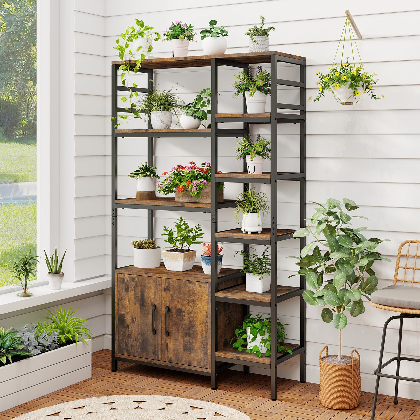 Double Wide 8-Tier Bookshelf with 2-Door Cabinet for Living Room Home Office, Rustic Brown Bookcases at Gallery Canada