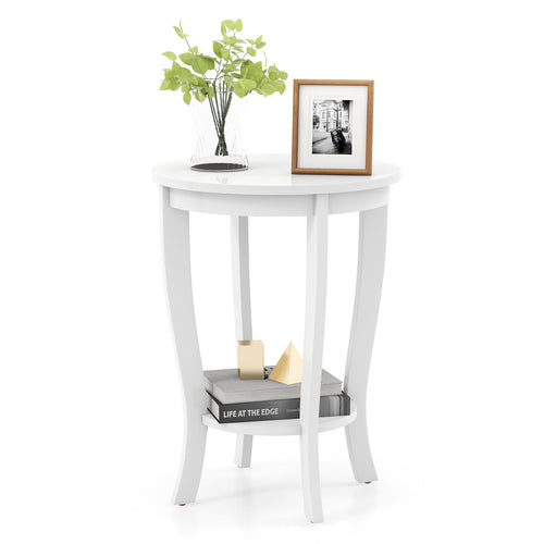 2-Tier Round End Table, Solid Wood Legs, White