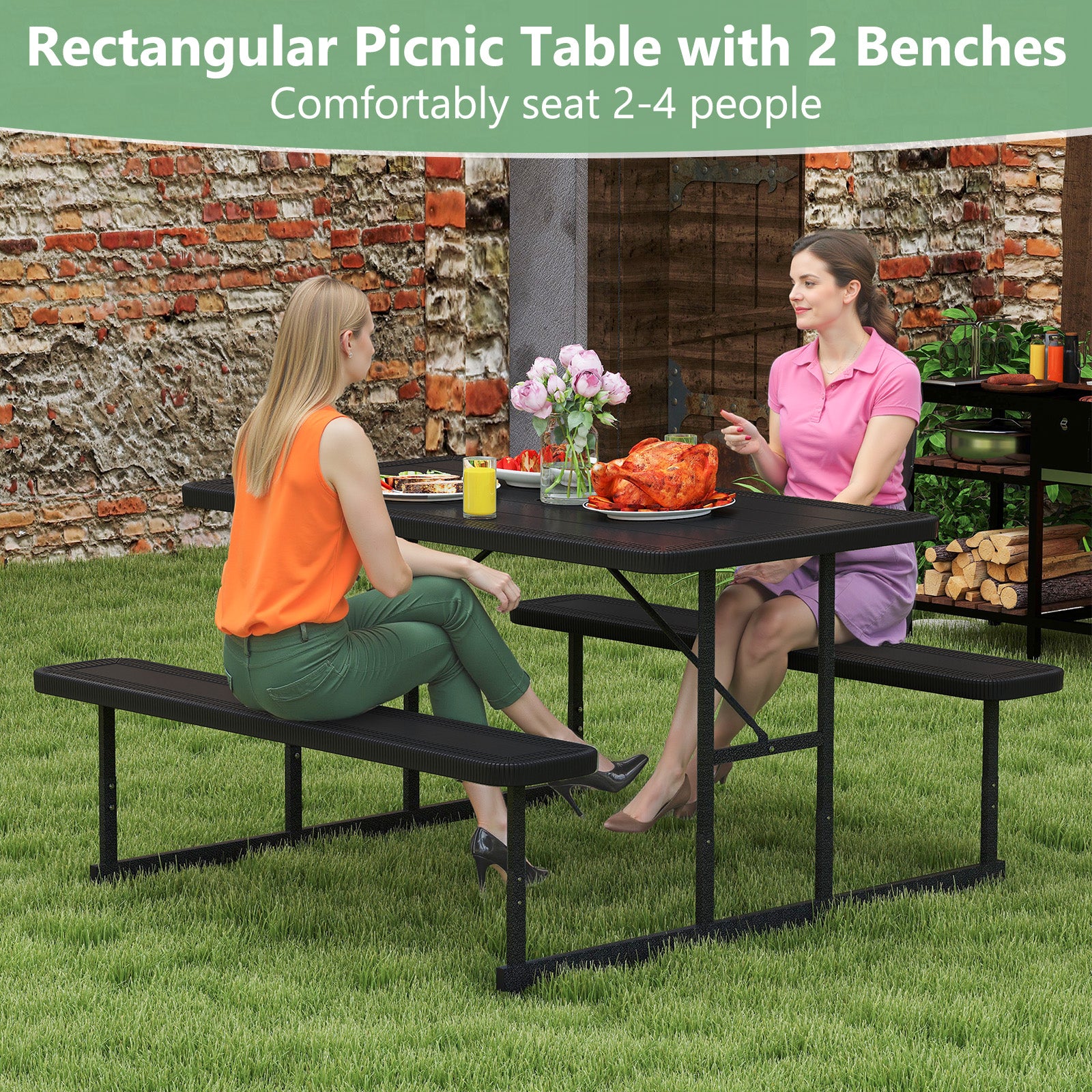 Picnic Table Bench Set for 2-4 People Outdoor Rectangular Camping Dining Table, Black Picnic Tables at Gallery Canada