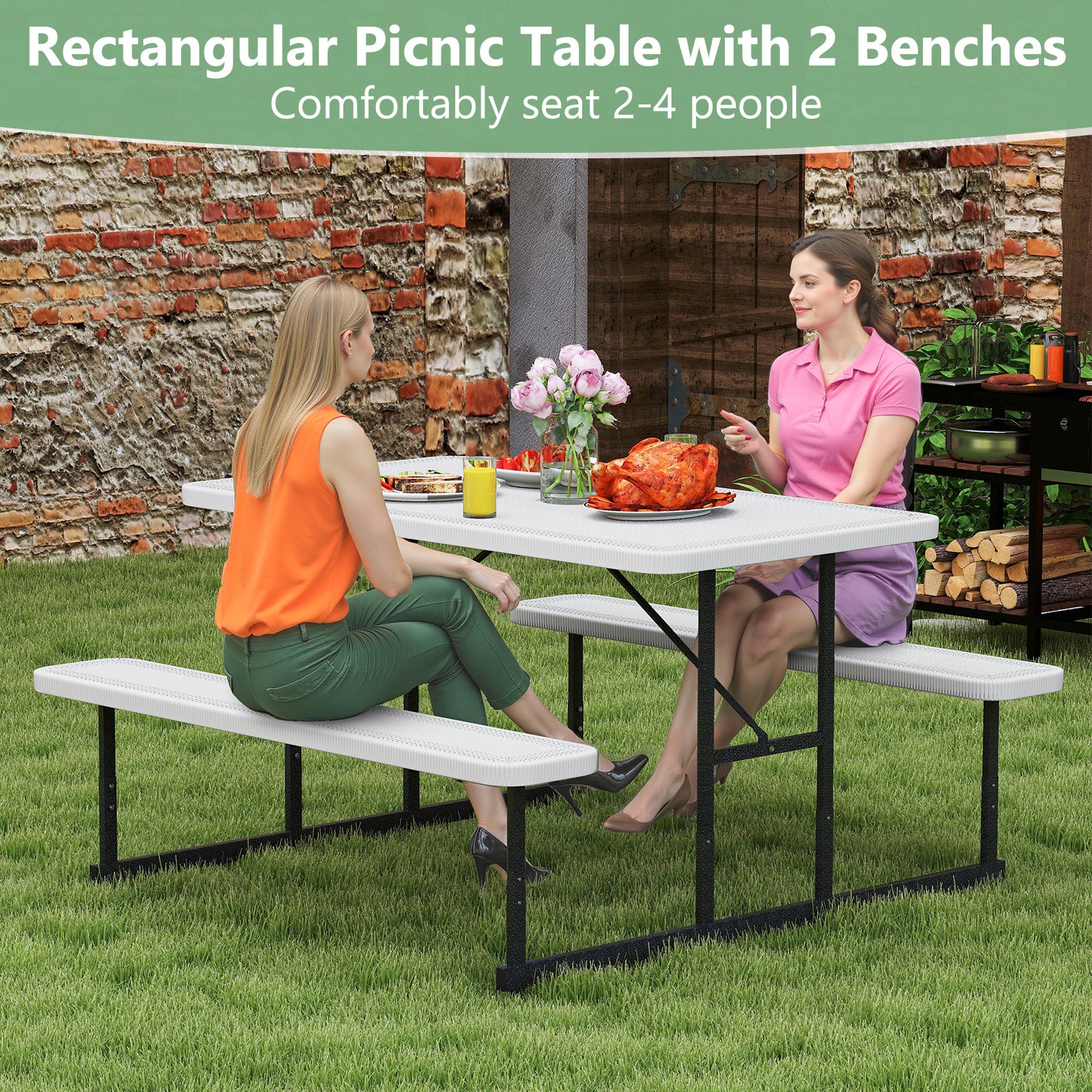 Picnic Table Bench Set for 2-4 People Outdoor Rectangular Camping Dining Table, White Picnic Tables at Gallery Canada