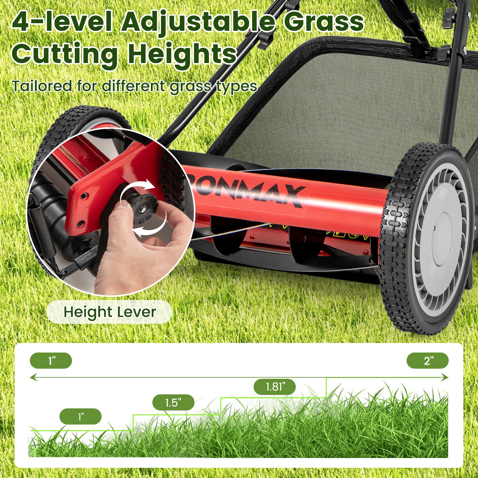 16 Inch Push Lawn Mower with 5 Steel Blades and Grass Catcher Bag, Red Lawn Care Tools at Gallery Canada