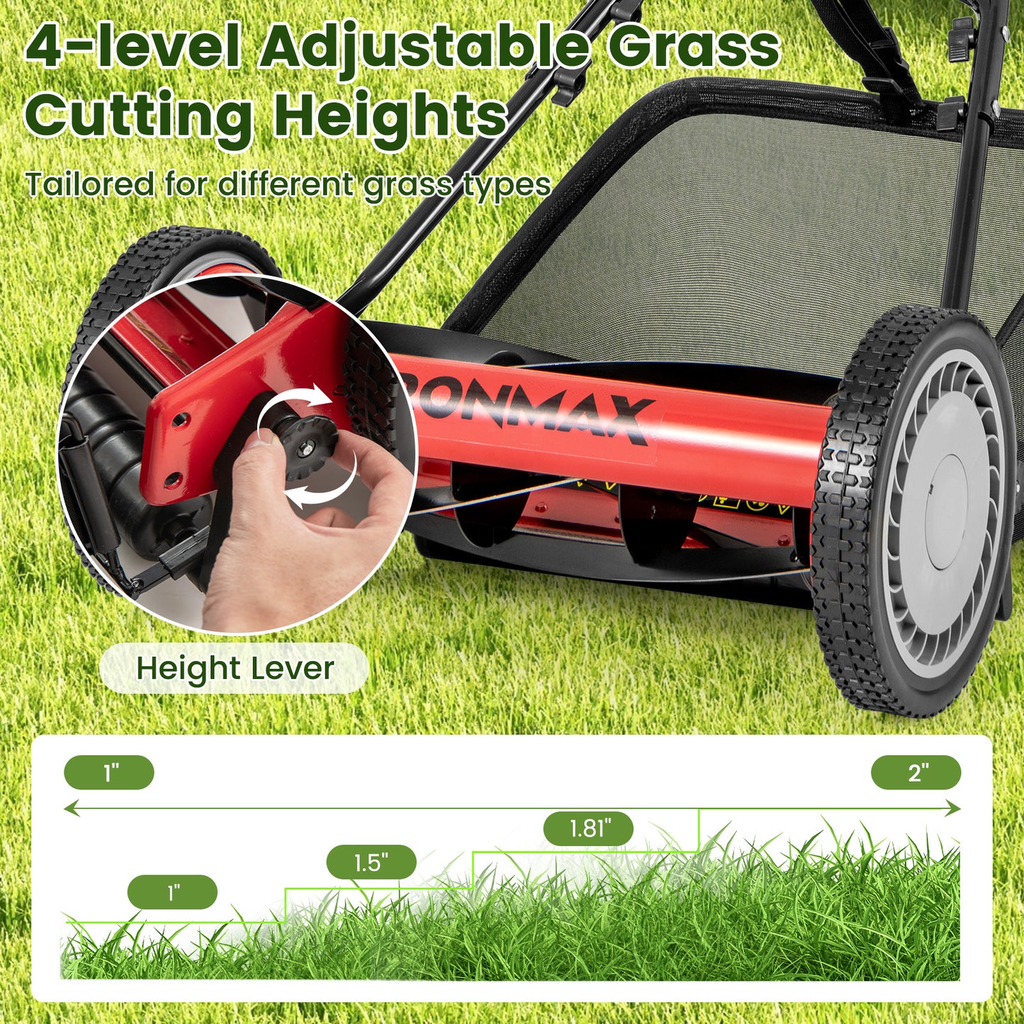 16 Inch Push Lawn Mower with 5 Steel Blades and Grass Catcher Bag, Red Lawn Care Tools at Gallery Canada
