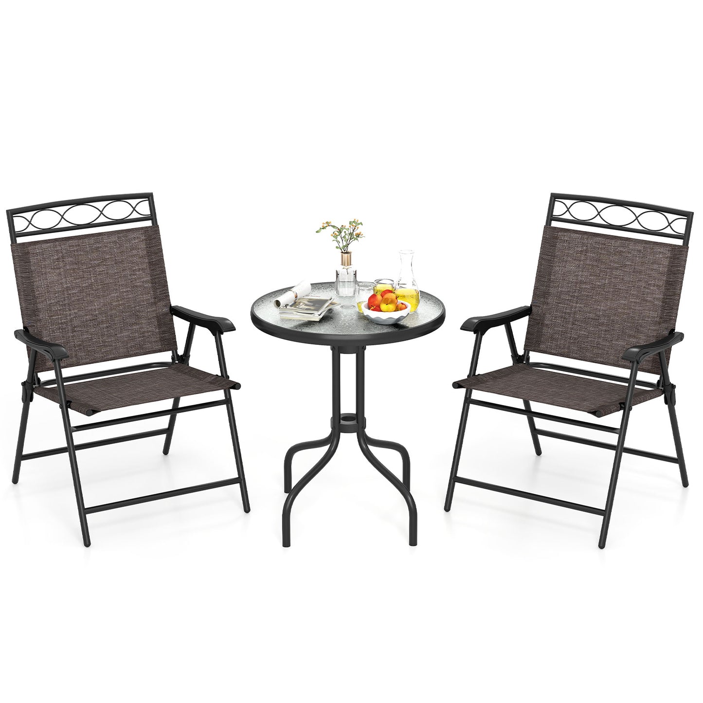 3 Pieces Outdoor Bistro Dining Furniture Set with 1.57 Inch Umbrella Hole, Brown Patio Conversation Sets Brown at Gallery Canada