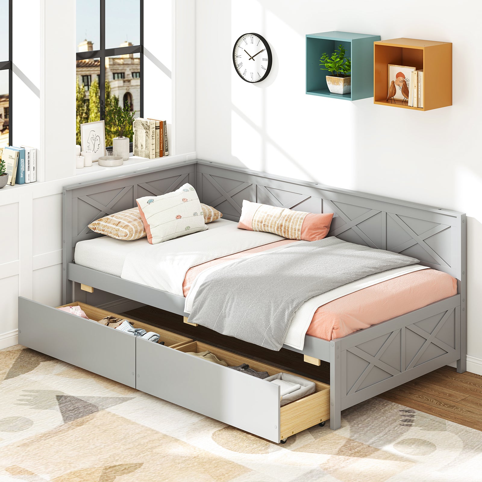 Twin Size Daybed with 2 Storage Drawers No Box Spring Needed, Gray Trundle Bed Frame at Gallery Canada