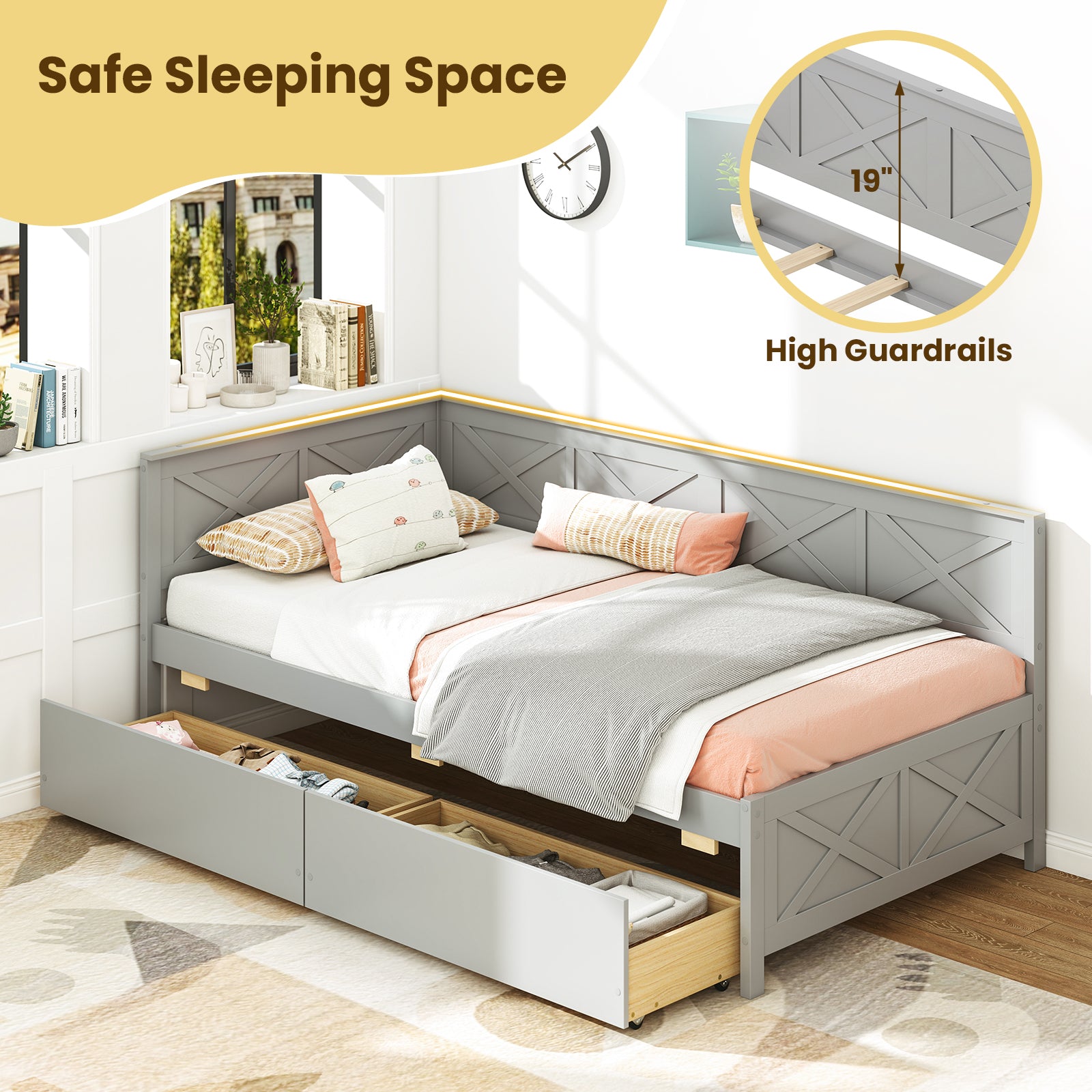 Twin Size Daybed with 2 Storage Drawers No Box Spring Needed, Gray Trundle Bed Frame at Gallery Canada