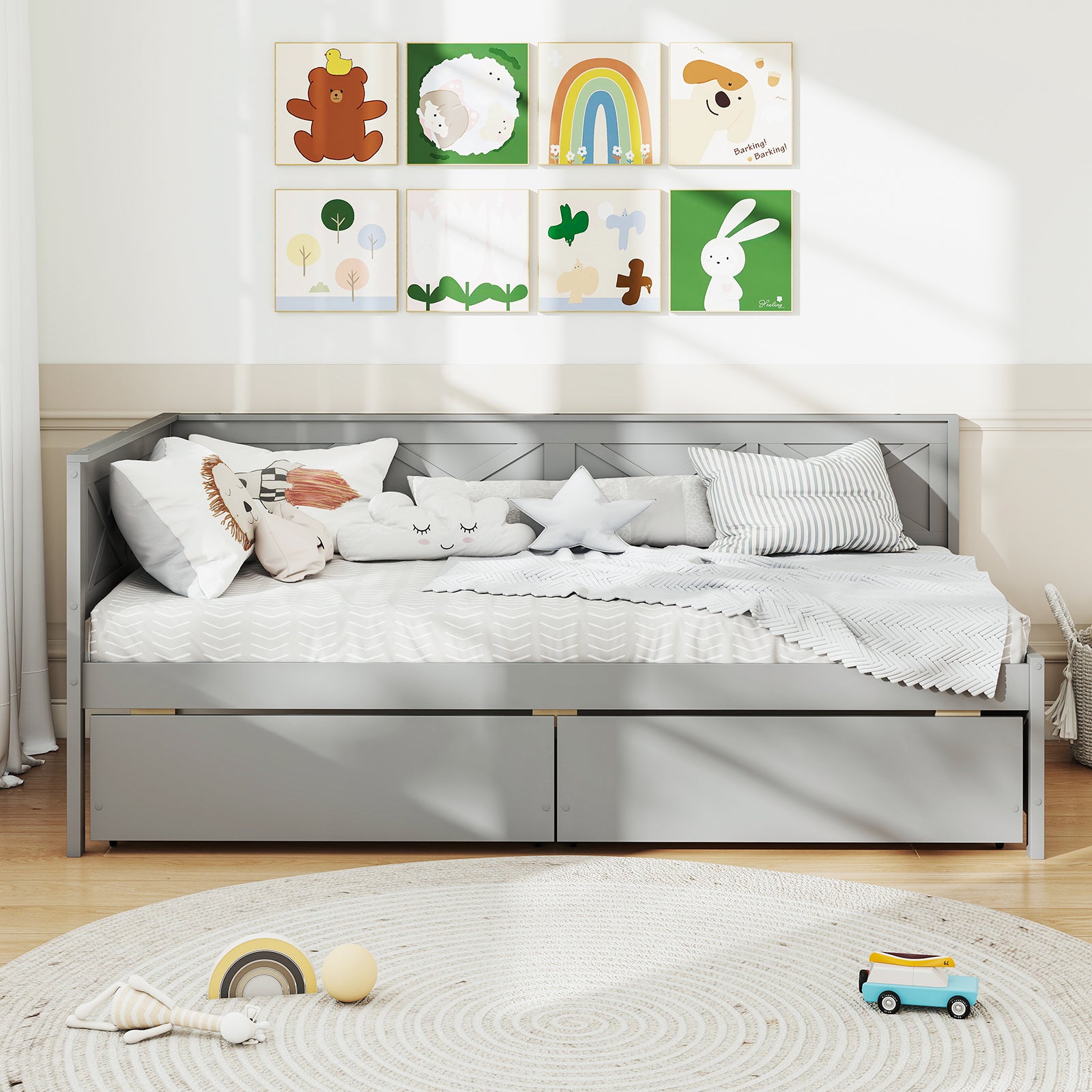 Twin Size Daybed with 2 Storage Drawers No Box Spring Needed, Gray Trundle Bed Frame at Gallery Canada