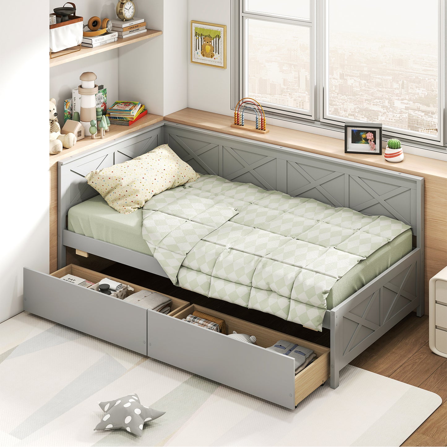 Twin Size Daybed with 2 Storage Drawers No Box Spring Needed, Gray Trundle Bed Frame at Gallery Canada