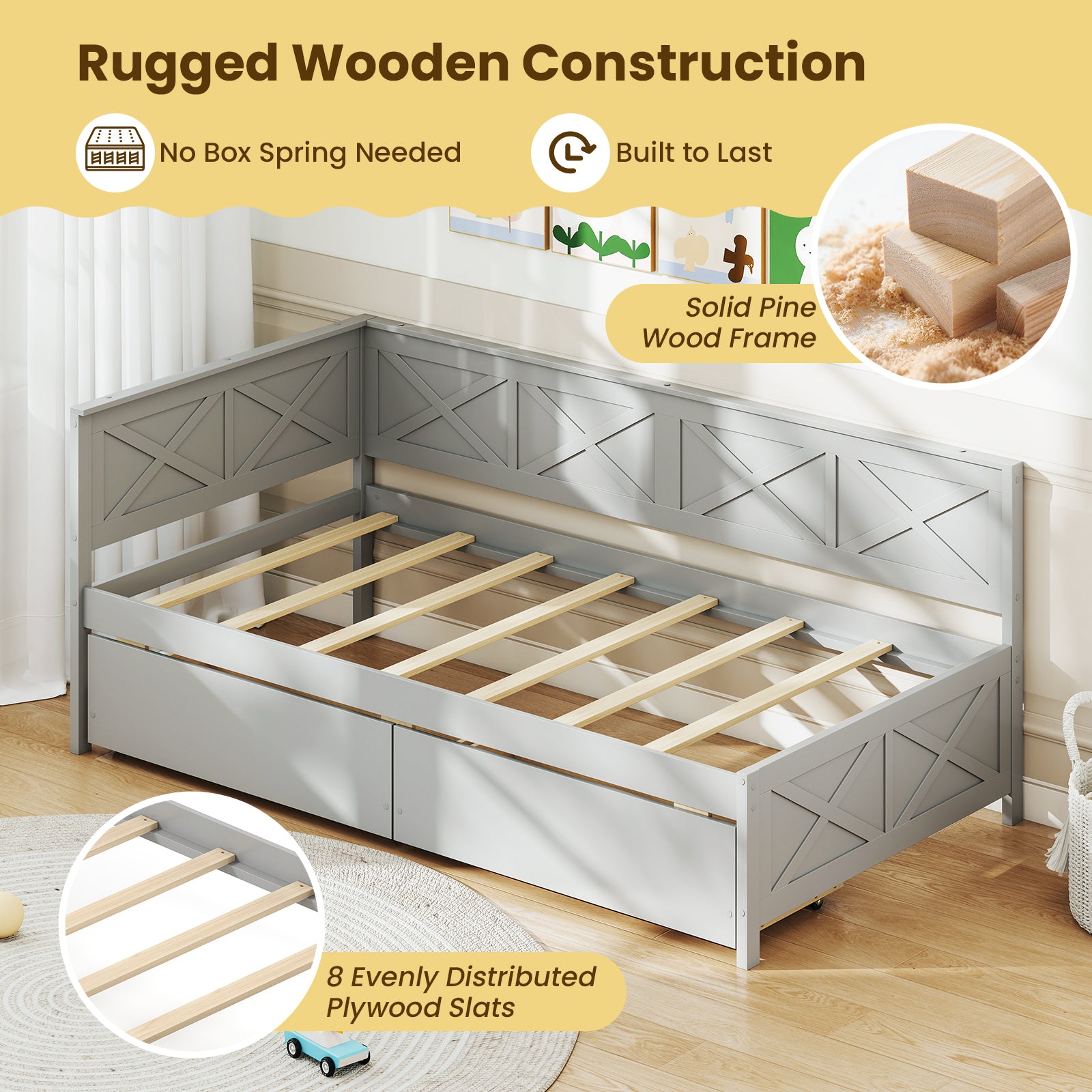 Twin Size Daybed with 2 Storage Drawers No Box Spring Needed, Gray Trundle Bed Frame at Gallery Canada