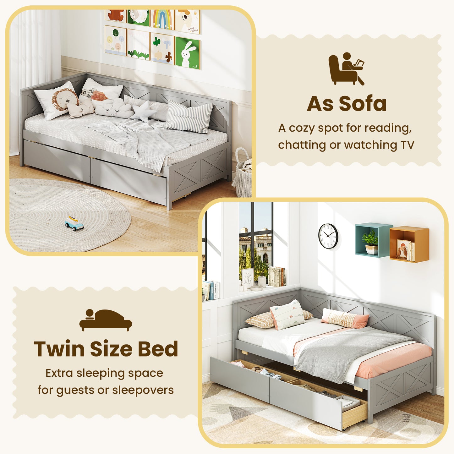 Twin Size Daybed with 2 Storage Drawers No Box Spring Needed, Gray Trundle Bed Frame at Gallery Canada