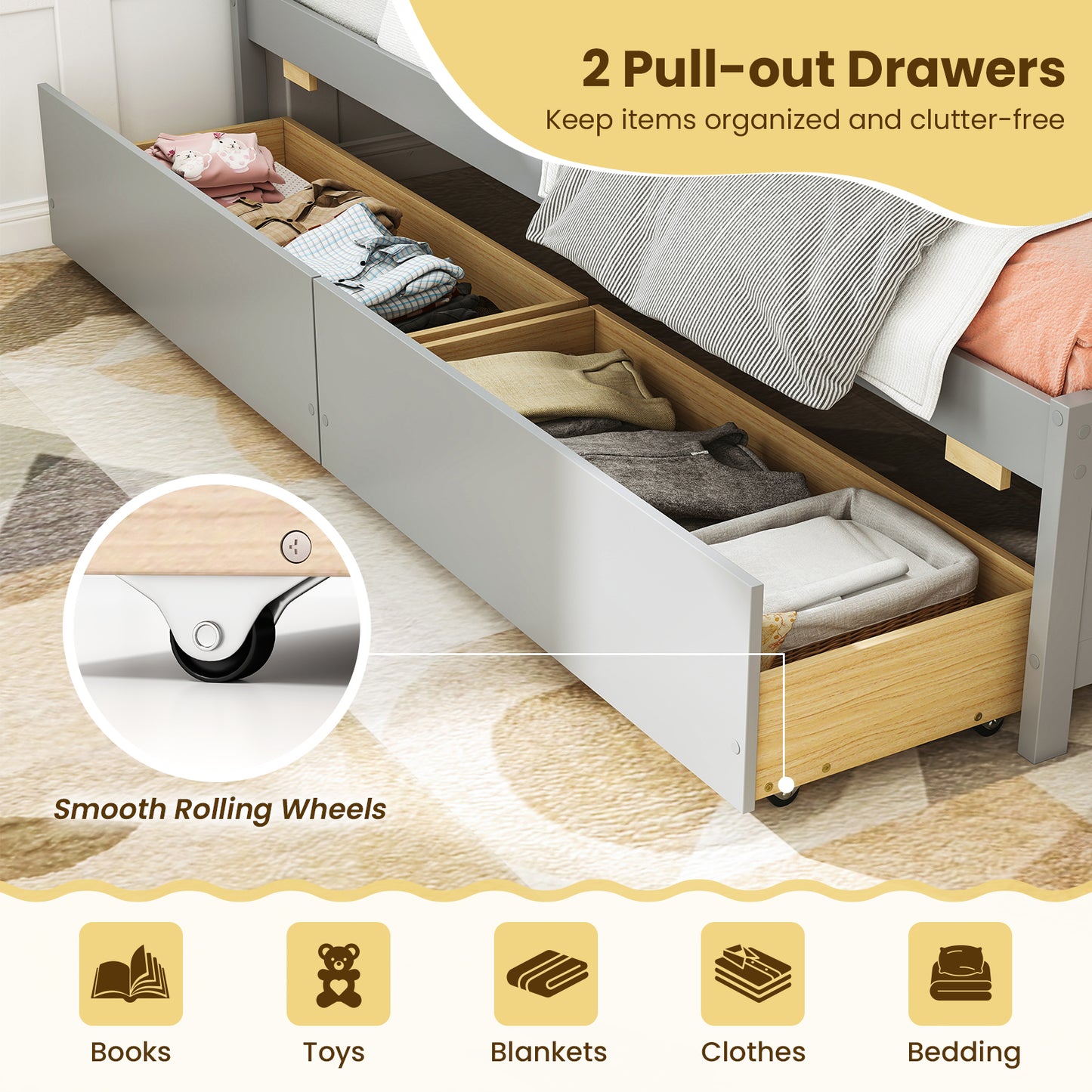 Twin Size Daybed with 2 Storage Drawers No Box Spring Needed, Gray Trundle Bed Frame at Gallery Canada