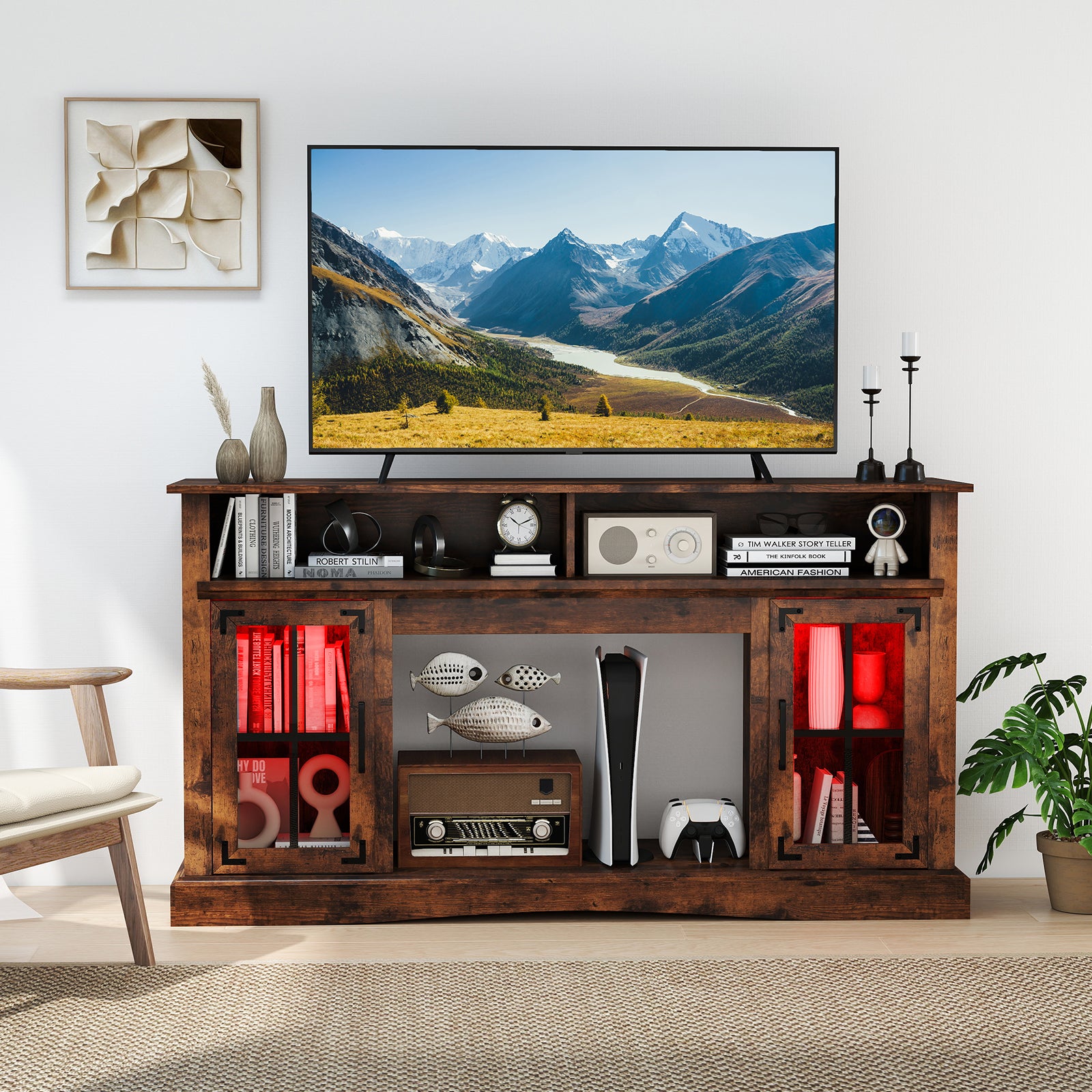 TV Stand with LED Lights and Remote Control, Rustic Brown Entertainment Centers & TV Stands at Gallery Canada