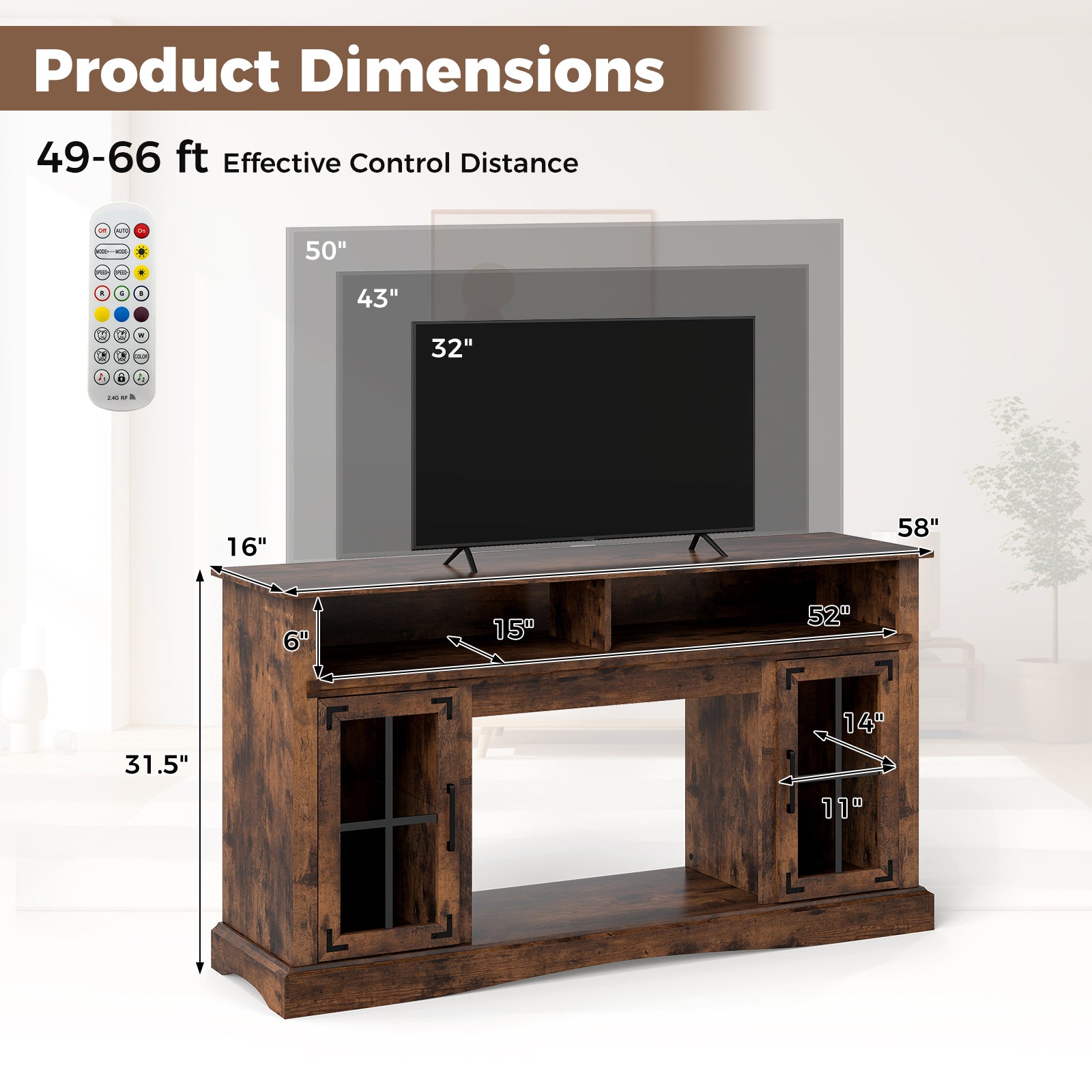 TV Stand with LED Lights and Remote Control, Rustic Brown Entertainment Centers & TV Stands at Gallery Canada