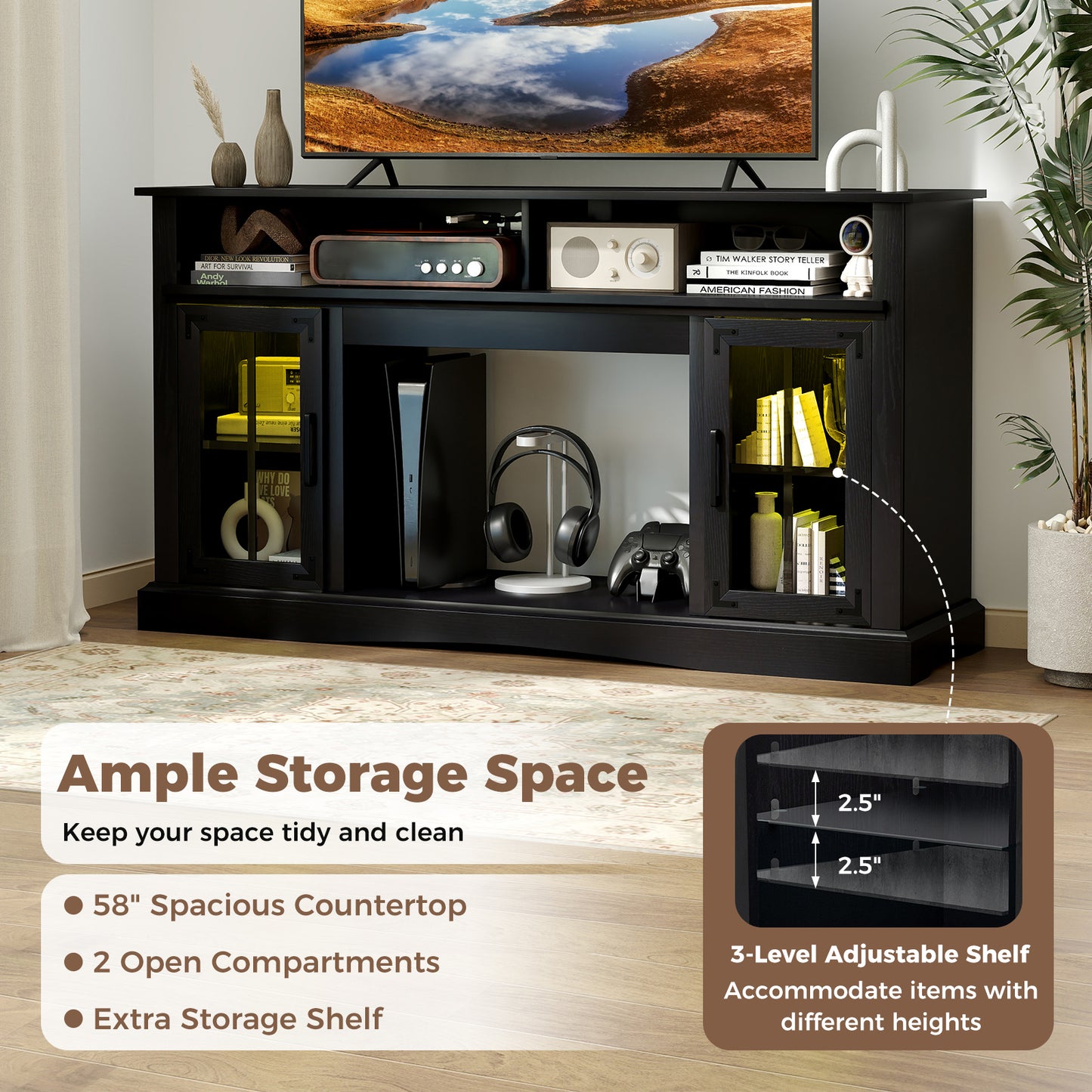 TV Stand with LED Lights and Remote Control, Black Entertainment Centers & TV Stands at Gallery Canada