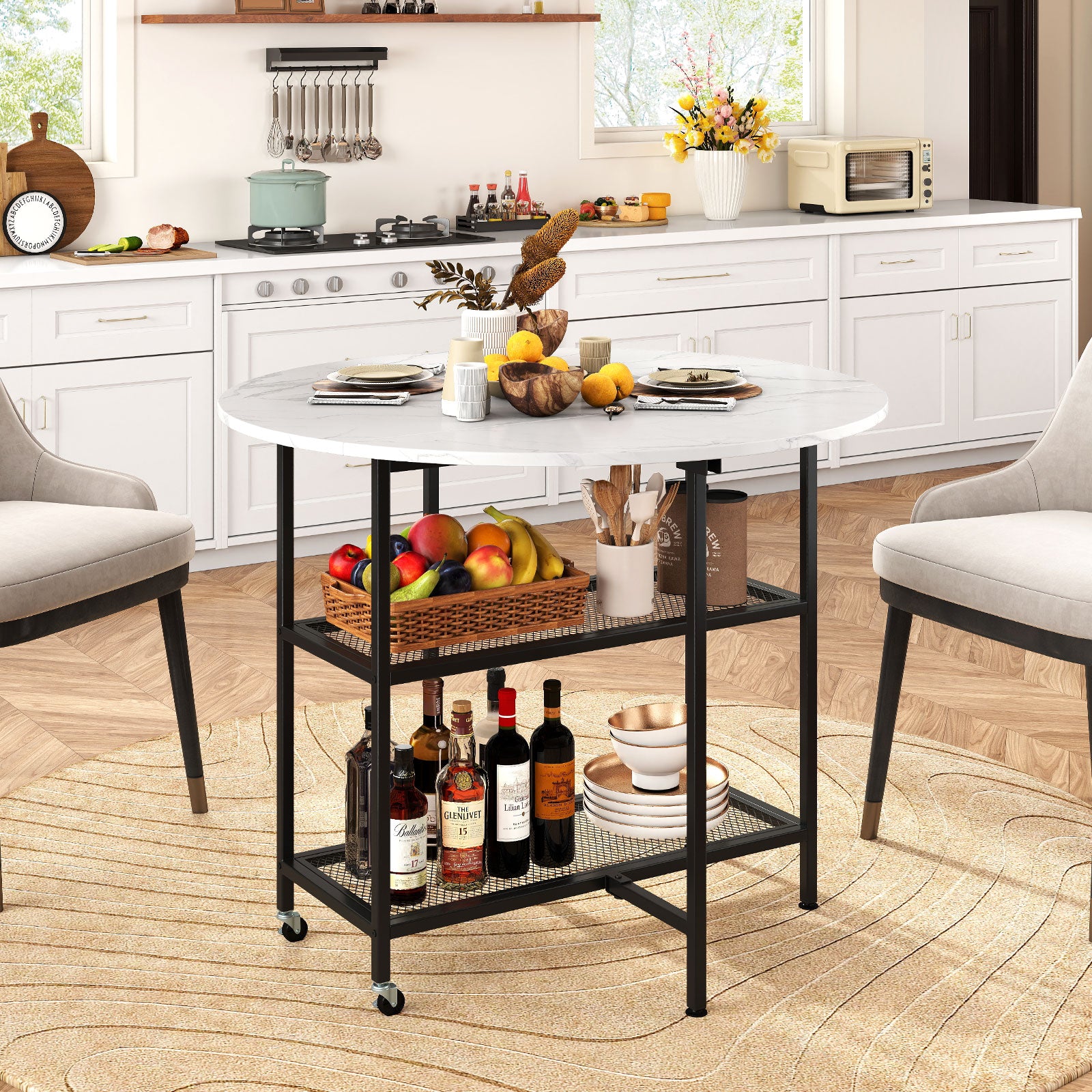 Folding Round Dining Table with Lockable Wheels, White Dining Tables at Gallery Canada