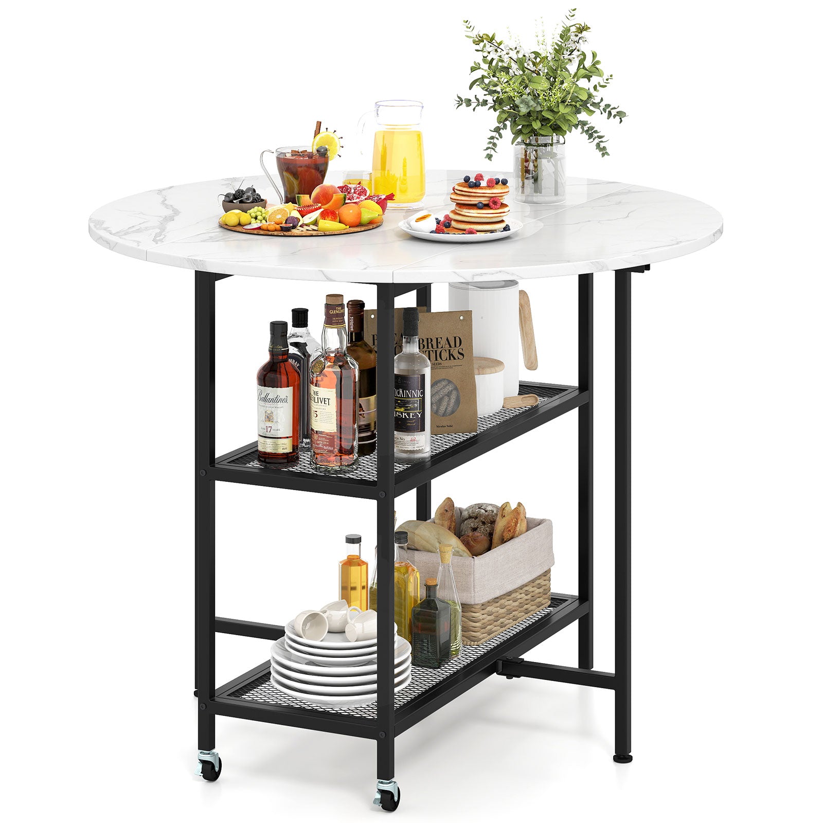 Folding Round Dining Table with Lockable Wheels, White Dining Tables at Gallery Canada