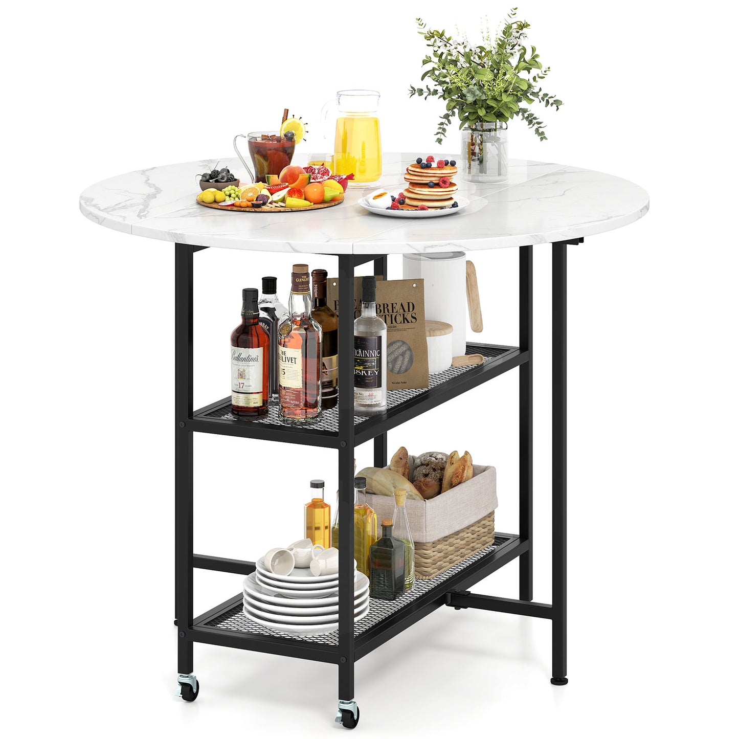 Folding Round Dining Table with Lockable Wheels, White Dining Tables at Gallery Canada