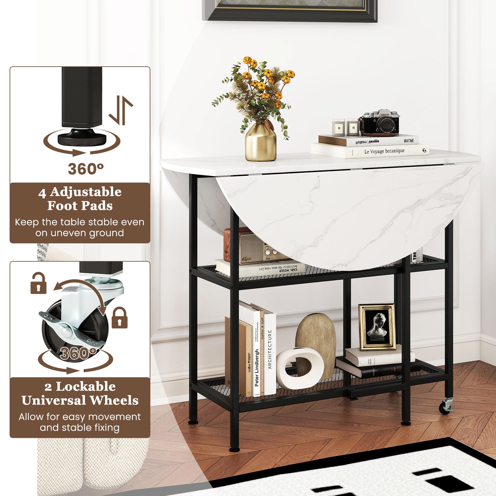 Folding Round Dining Table with Lockable Wheels, White Dining Tables at Gallery Canada