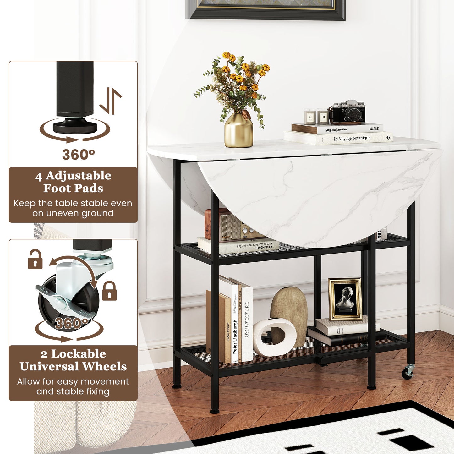 Folding Round Dining Table with Lockable Wheels, White Dining Tables at Gallery Canada