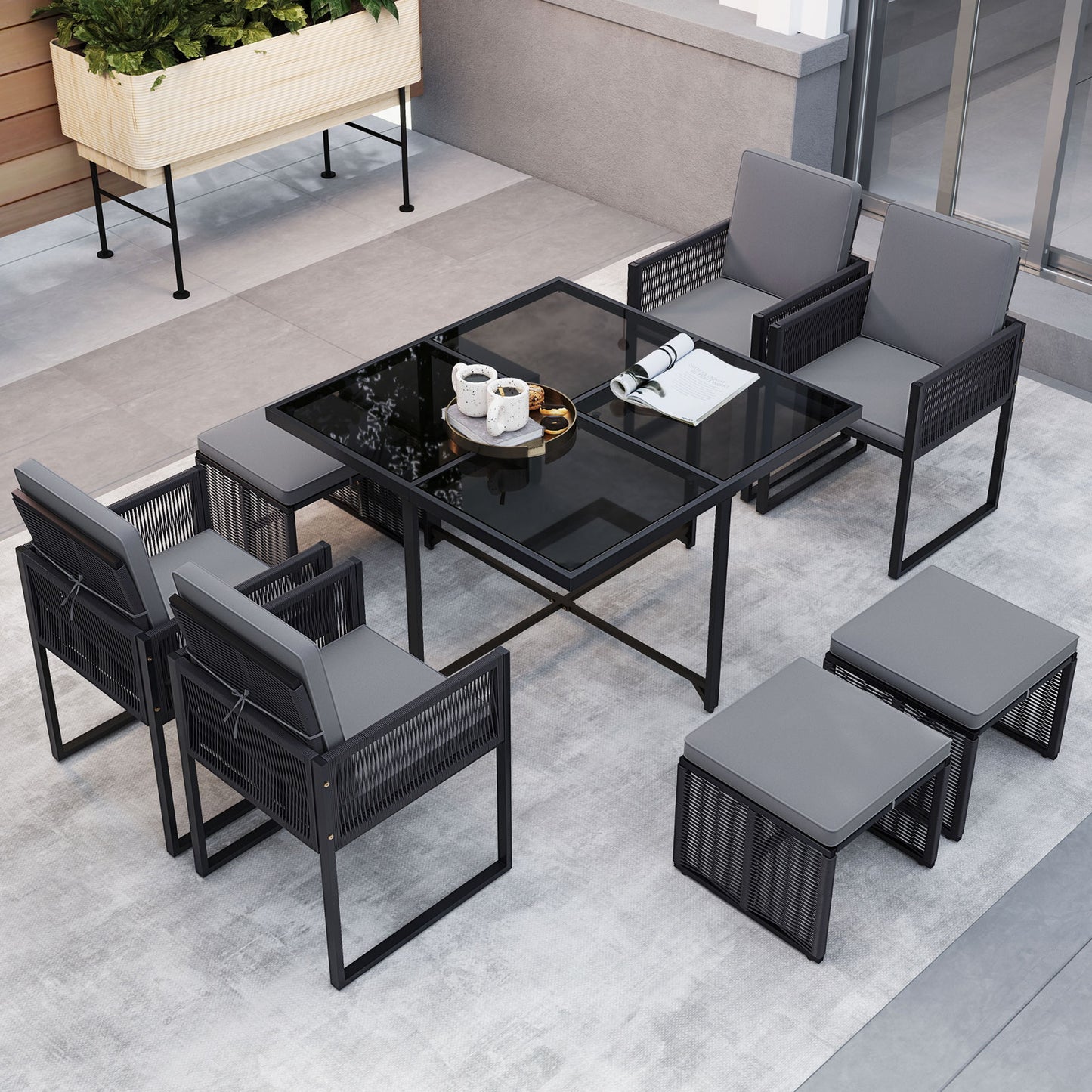 9 Pieces Patio Dining Set with Cushions for Yard Garden, Gray Patio Conversation Sets at Gallery Canada