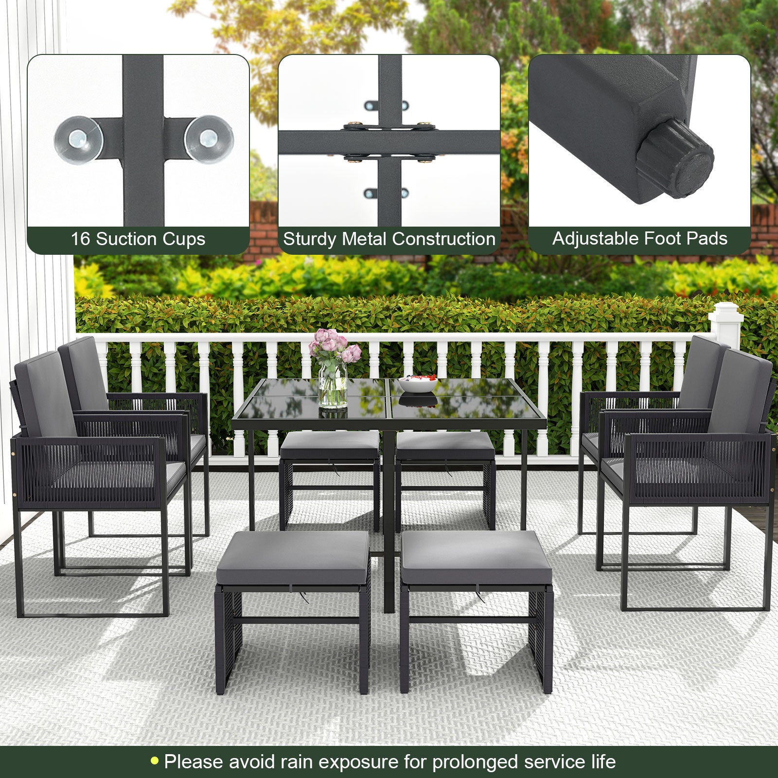 9 Pieces Patio Dining Set with Cushions for Yard Garden, Gray Patio Conversation Sets at Gallery Canada