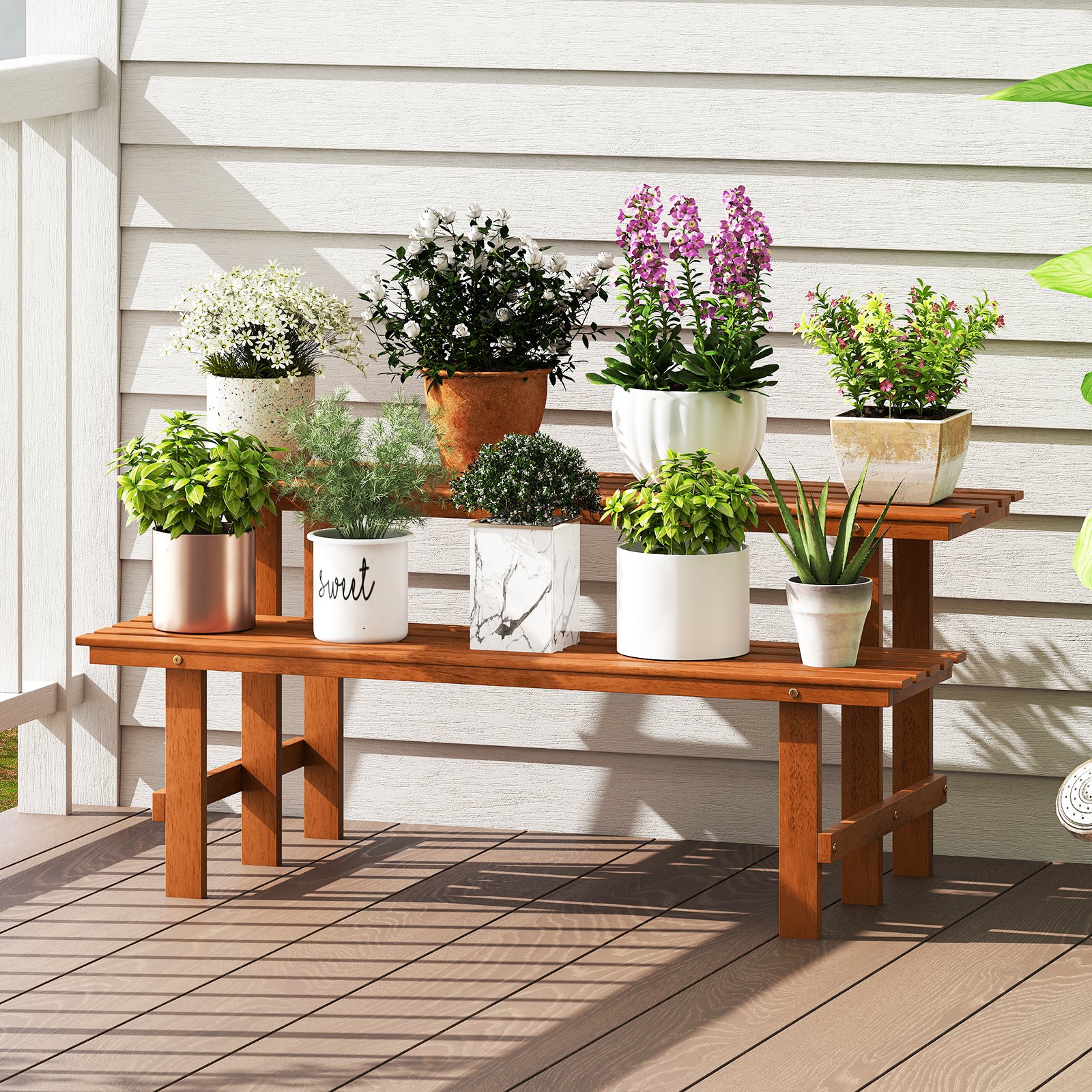 2-Tier Wood Plant Stand Ladder Plant Shelf for Indoor Outdoor, Brown Plant Stands at Gallery Canada