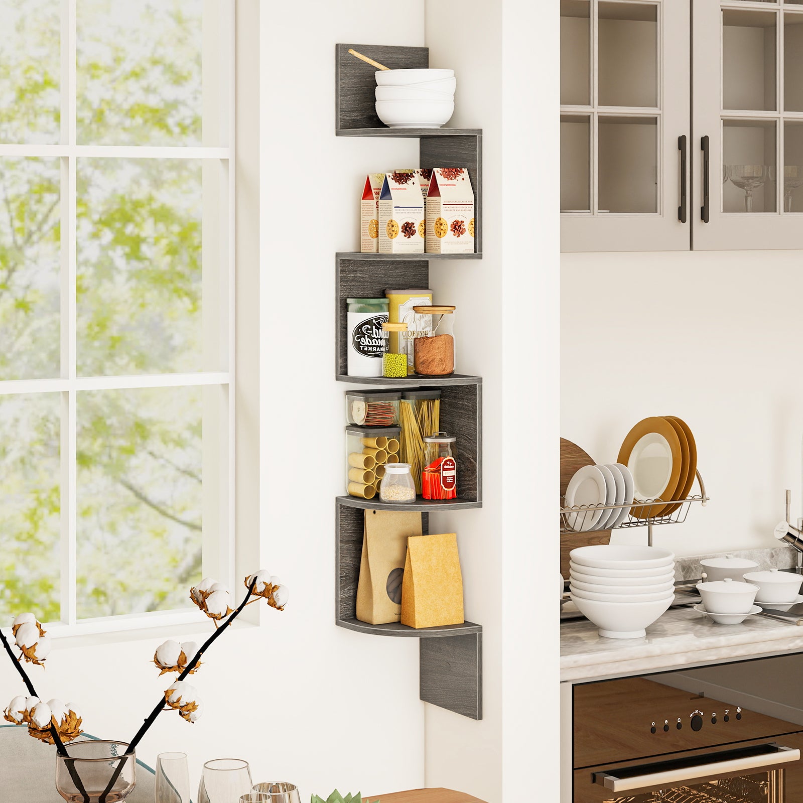 5-Tier Corner Shelf Floating Bookshelf Wall Mounted Storage Organizer, Oak Bookcases at Gallery Canada