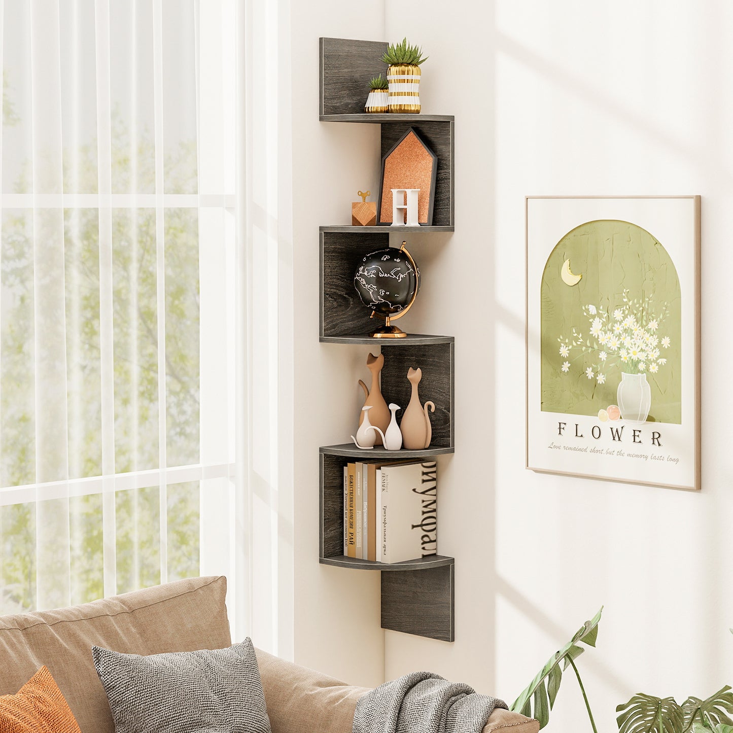 5-Tier Corner Shelf Floating Bookshelf Wall Mounted Storage Organizer, Oak Bookcases at Gallery Canada