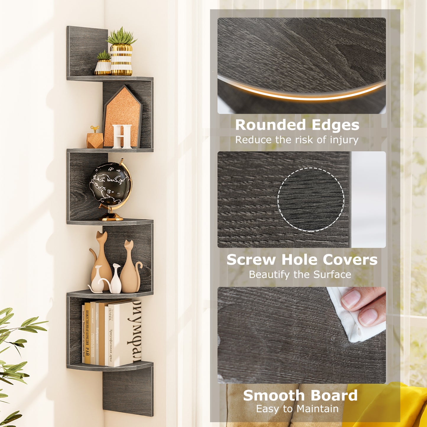 5-Tier Corner Shelf Floating Bookshelf Wall Mounted Storage Organizer, Oak Bookcases at Gallery Canada