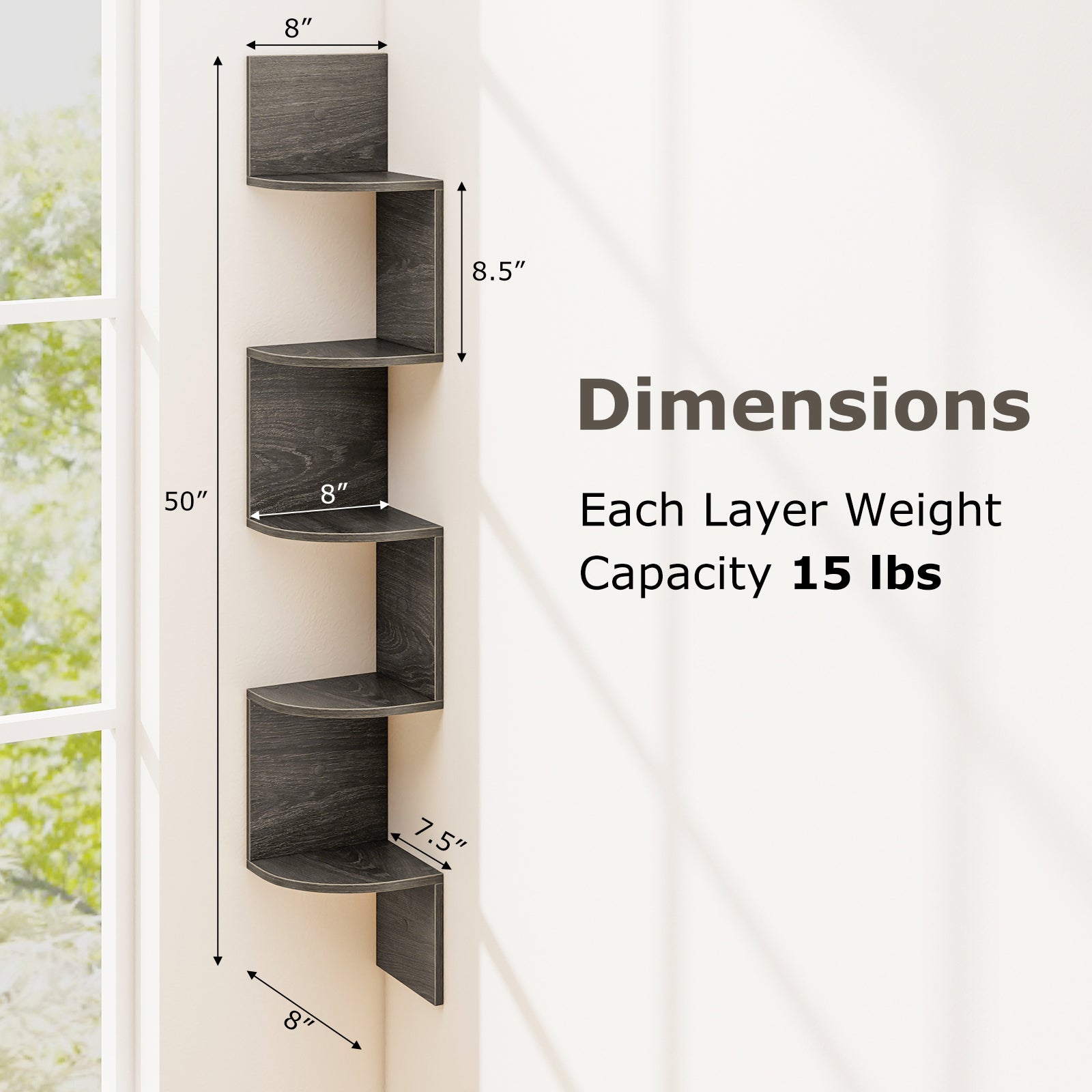 5-Tier Corner Shelf Floating Bookshelf Wall Mounted Storage Organizer, Oak Bookcases at Gallery Canada