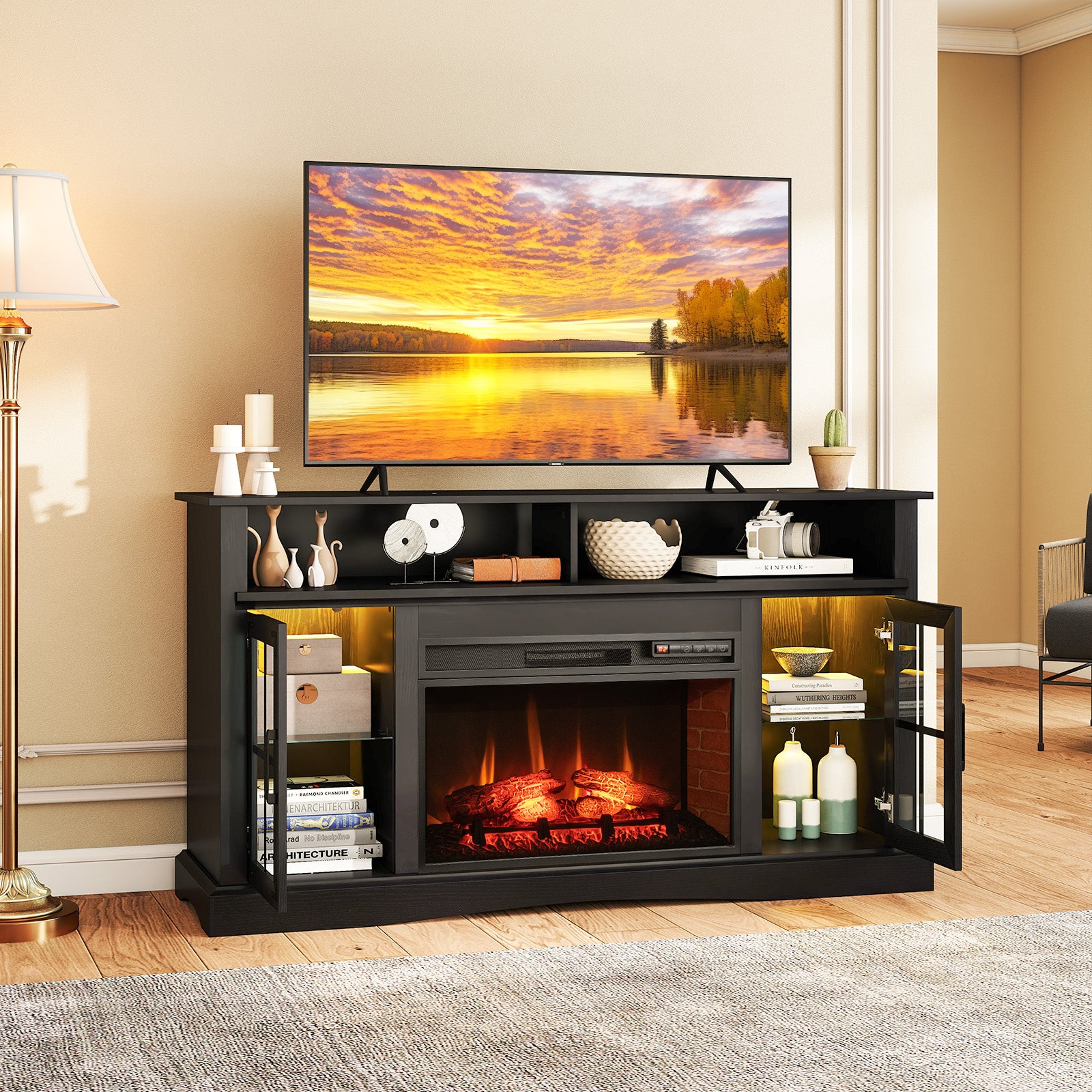 Fireplace TV Stand with Remote Controls and Thermostat for TVs Up to 50 Inch, Black Entertainment Centers & TV Stands at Gallery Canada