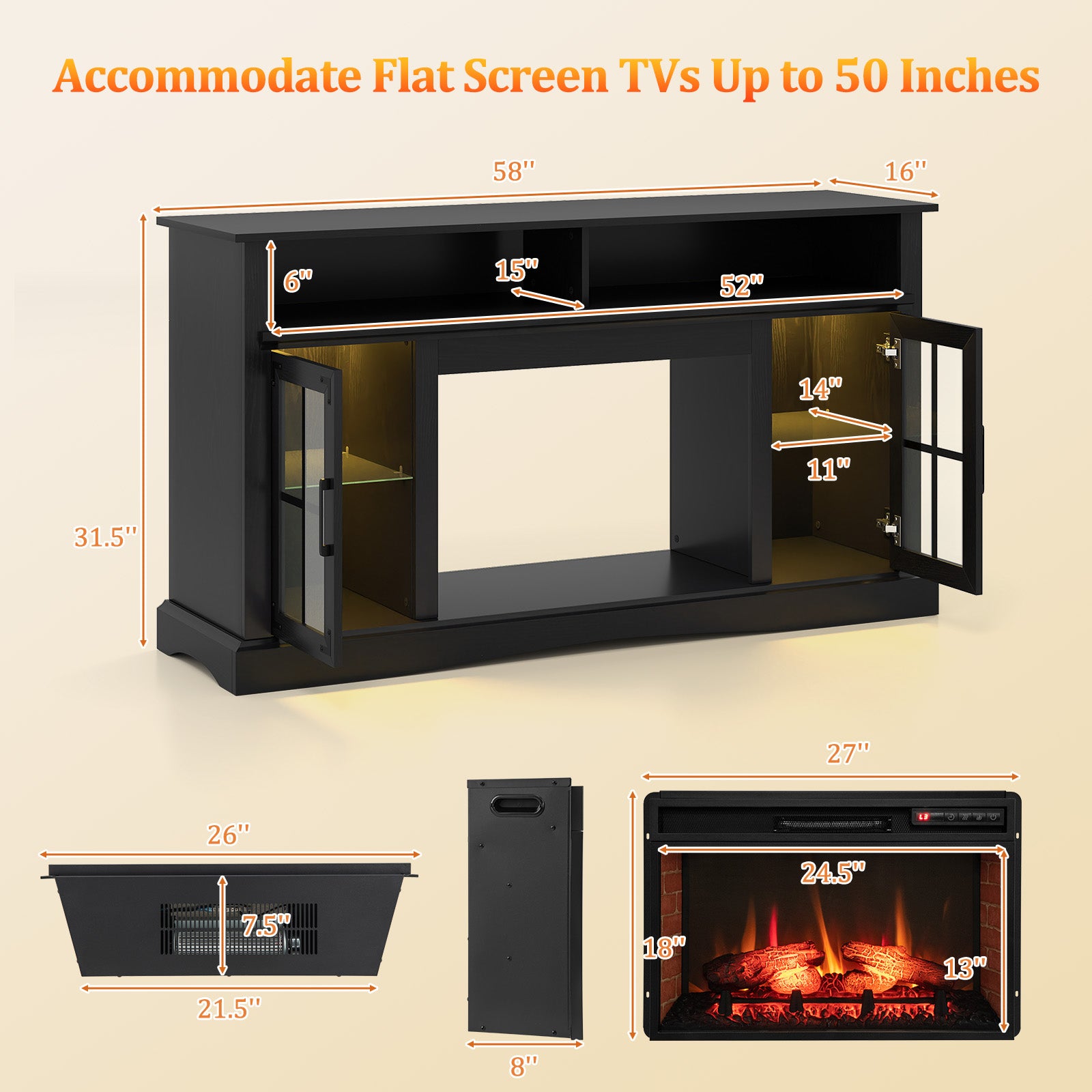 Fireplace TV Stand with Remote Controls and Thermostat for TVs Up to 50 Inch, Black Entertainment Centers & TV Stands at Gallery Canada