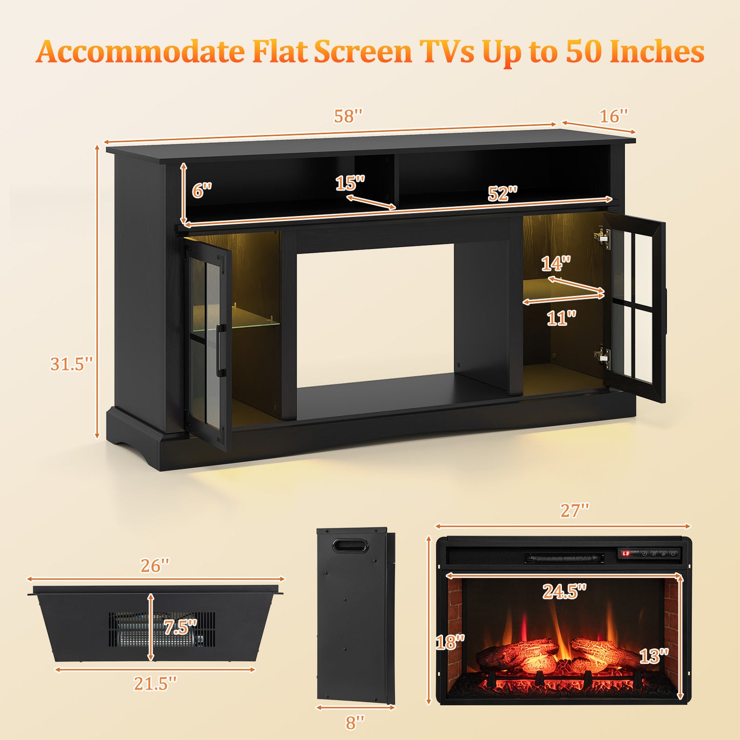 Fireplace TV Stand with Remote Controls and Thermostat for TVs Up to 50 Inch, Black Entertainment Centers & TV Stands at Gallery Canada