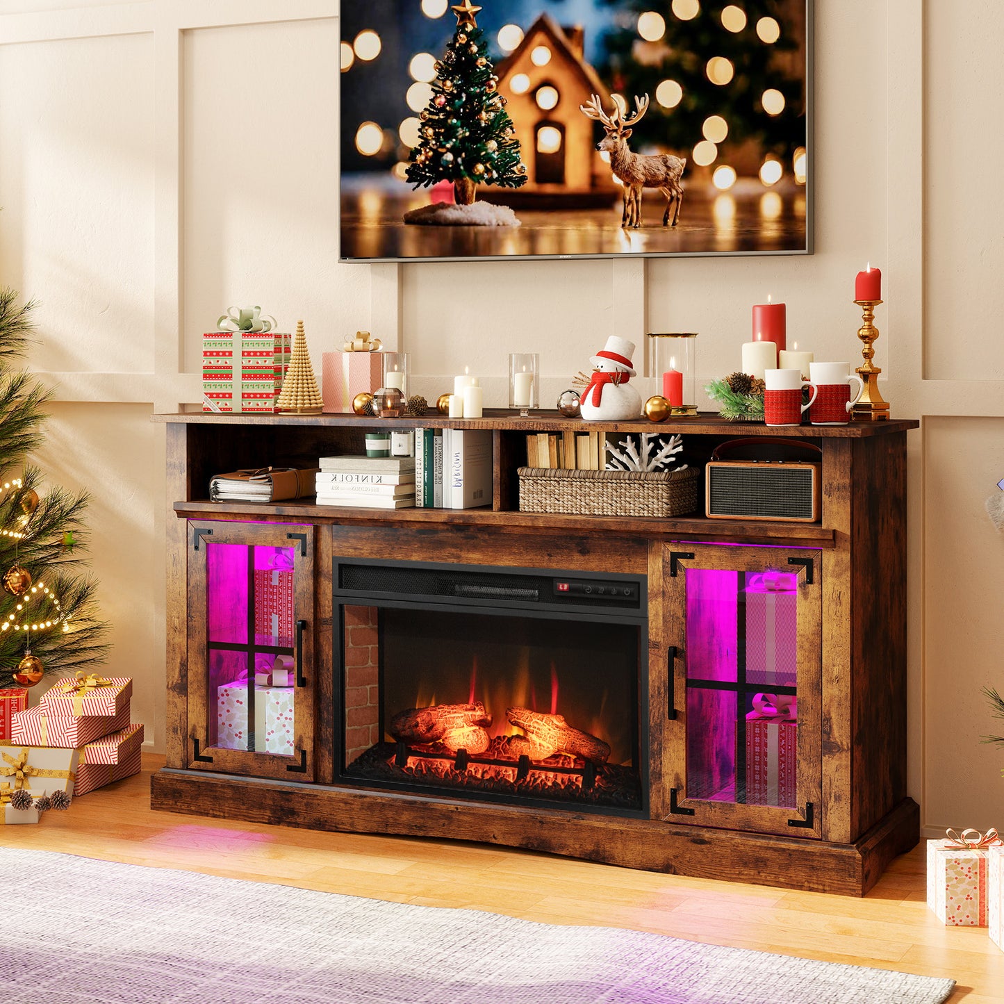 Fireplace TV Stand with Remote Controls and Thermostat for TVs Up to 50 Inch, Rustic Brown Entertainment Centers & TV Stands at Gallery Canada