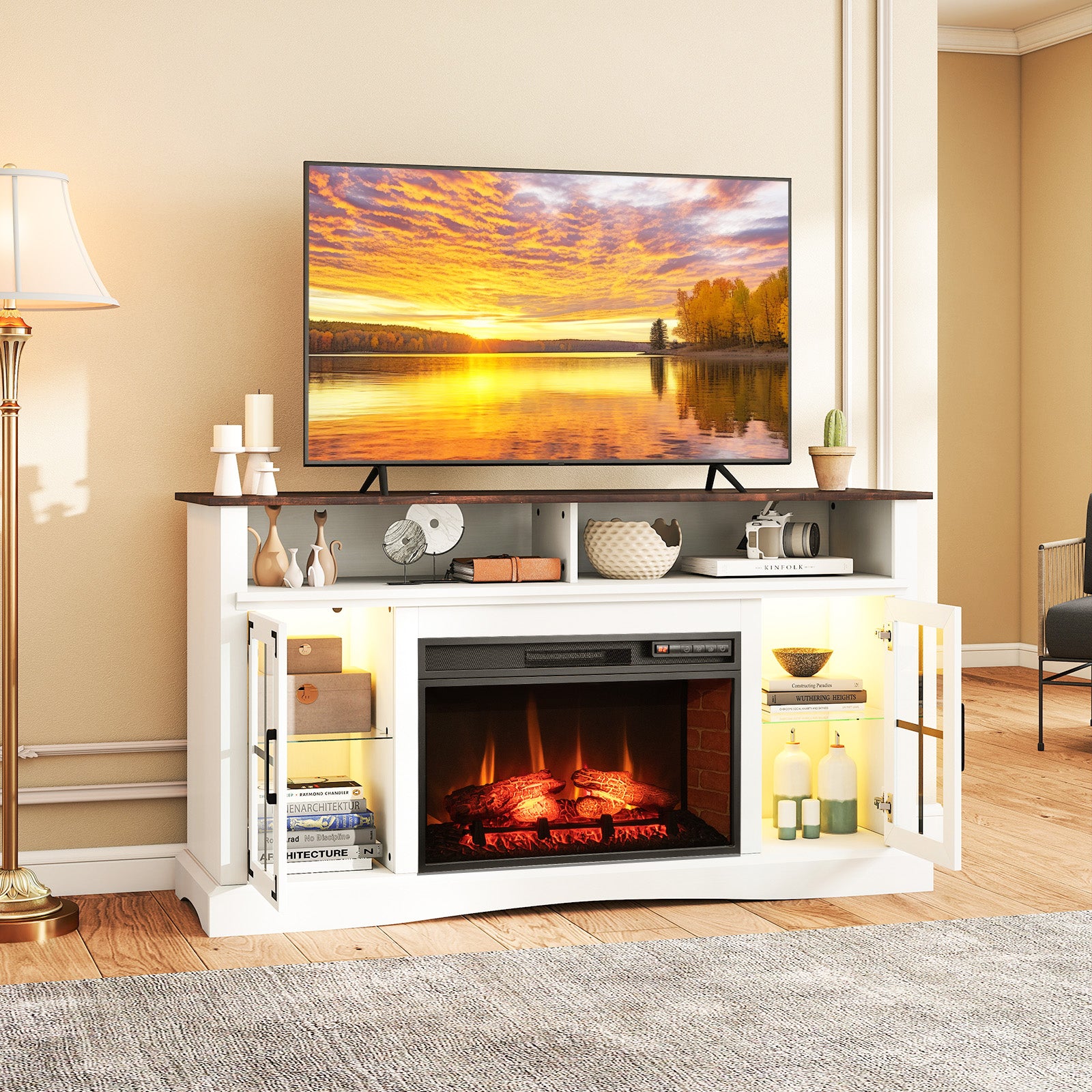 Fireplace TV Stand with Remote Controls and Thermostat for TVs Up to 50 Inch, White Entertainment Centers & TV Stands at Gallery Canada