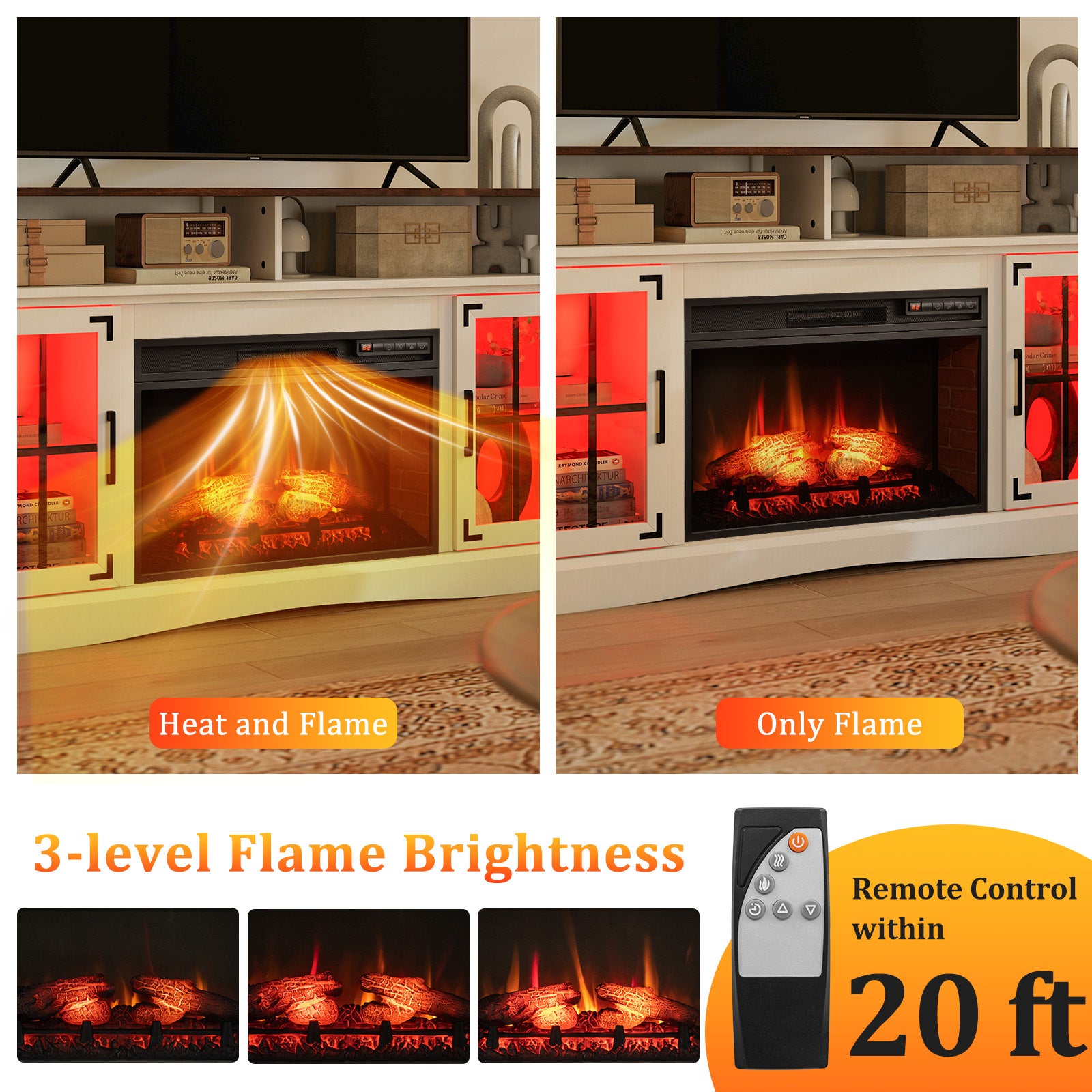 Fireplace TV Stand with Remote Controls and Thermostat for TVs Up to 50 Inch, White Entertainment Centers & TV Stands at Gallery Canada