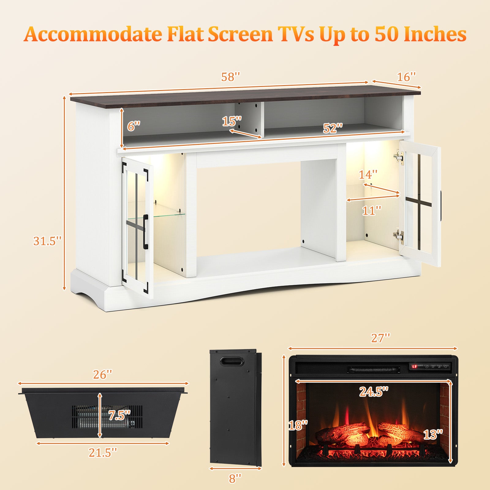 Fireplace TV Stand with Remote Controls and Thermostat for TVs Up to 50 Inch, White Entertainment Centers & TV Stands at Gallery Canada