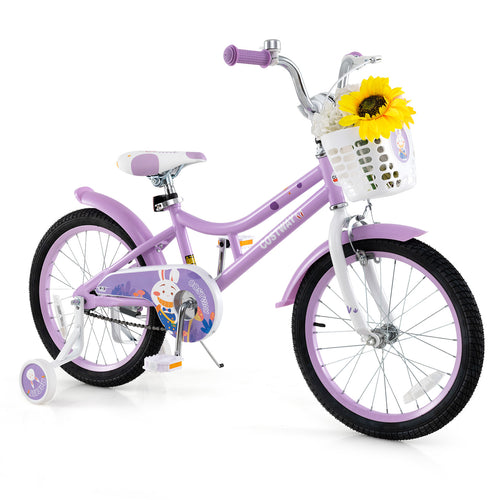 18 Inch Girl Bike With Basket, Detachable Training Wheels, Purple