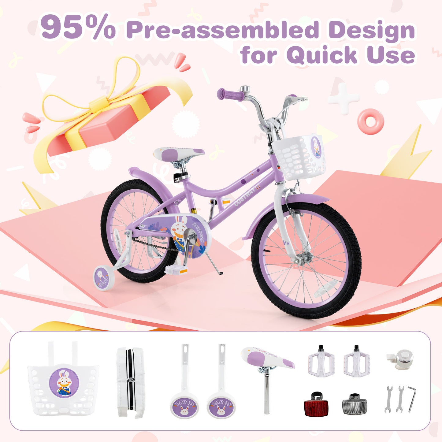 18 Inch Girl Bike with Basket with Detachable Training Wheels for 4-8 Years Old-18 inches, Purple Kids Bike at Gallery Canada