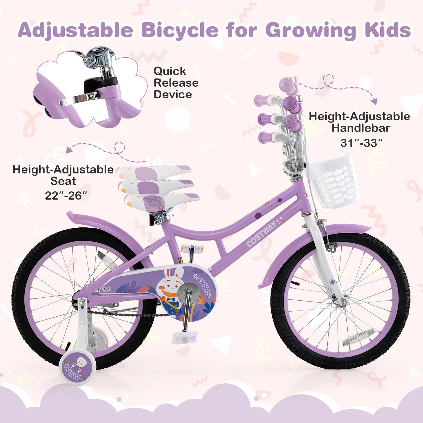 18 Inch Girl Bike with Basket with Detachable Training Wheels for 4-8 Years Old-18 inches, Purple Kids Bike at Gallery Canada