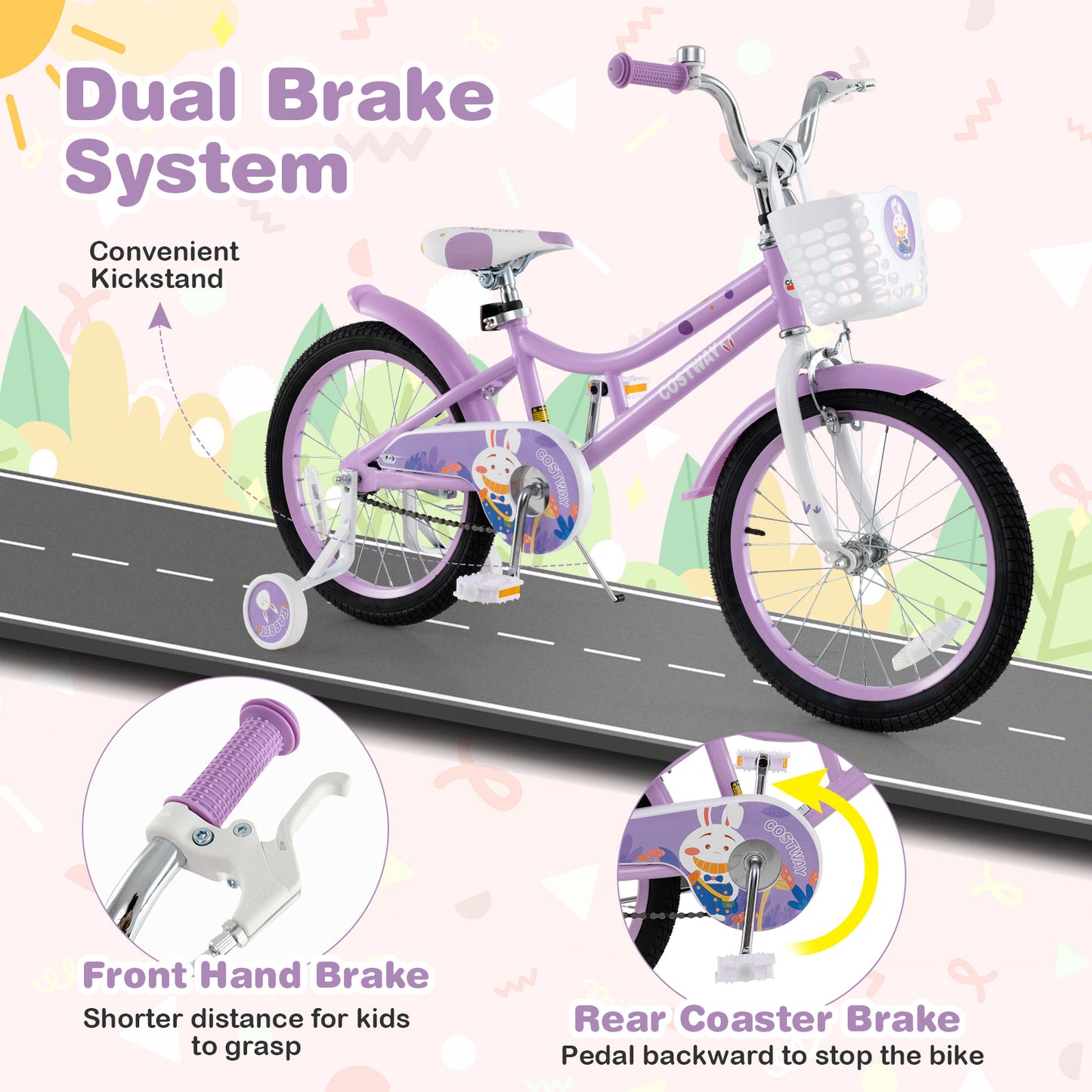18 Inch Girl Bike with Basket with Detachable Training Wheels for 4-8 Years Old-18 inches, Purple Kids Bike at Gallery Canada