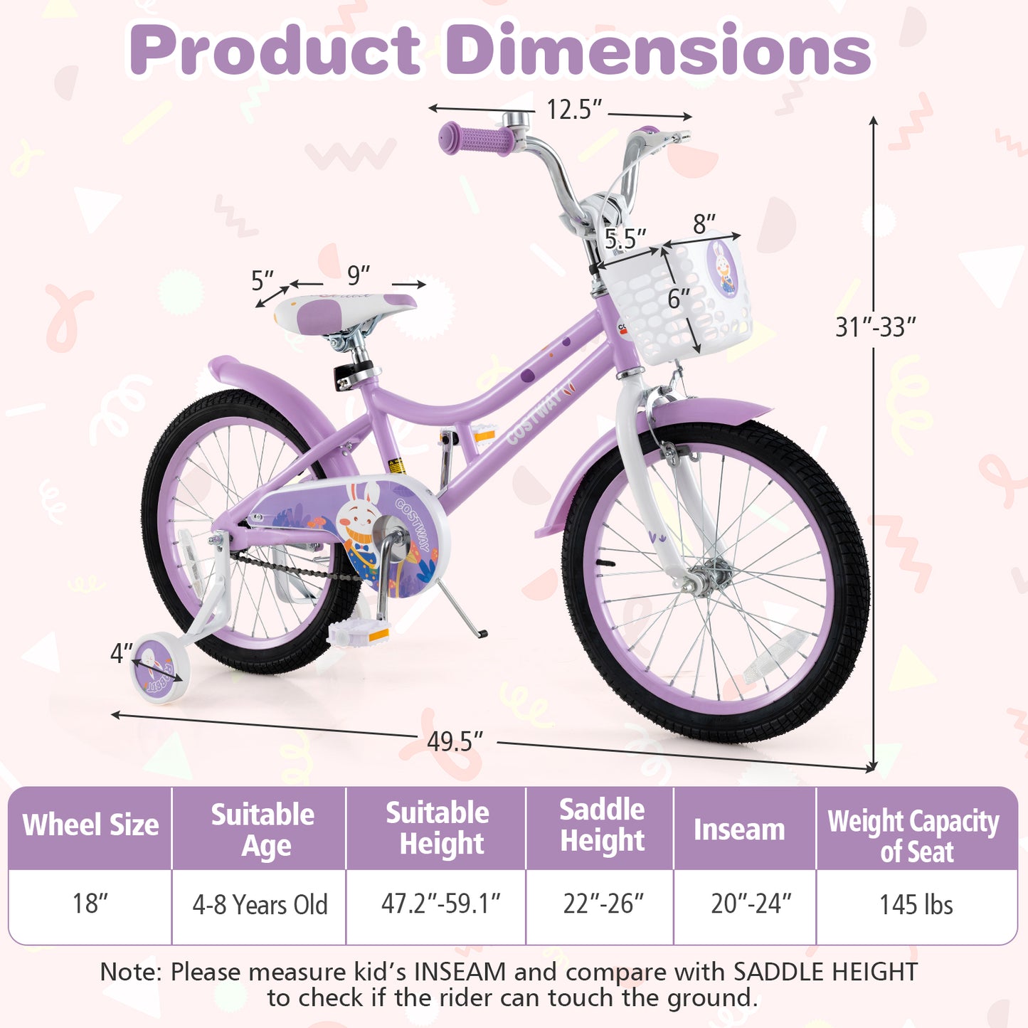 18 Inch Girl Bike with Basket with Detachable Training Wheels for 4-8 Years Old-18 inches, Purple Kids Bike at Gallery Canada