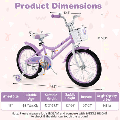 18 Inch Girl Bike with Basket with Detachable Training Wheels for 4-8 Years Old-18 inches, Purple Kids Bike at Gallery Canada