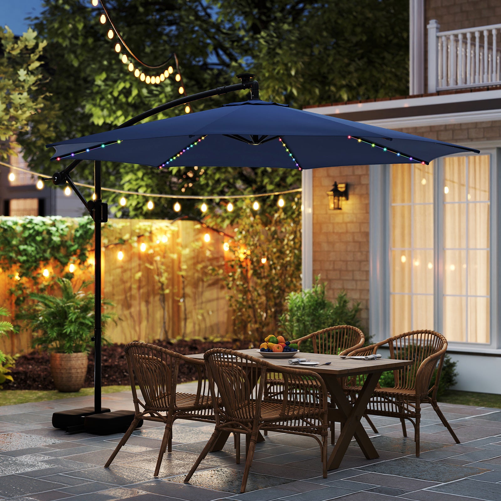 10 Feet Solar Offset Hanging Umbrella with Base and LED Lights, Navy Outdoor Umbrellas at Gallery Canada